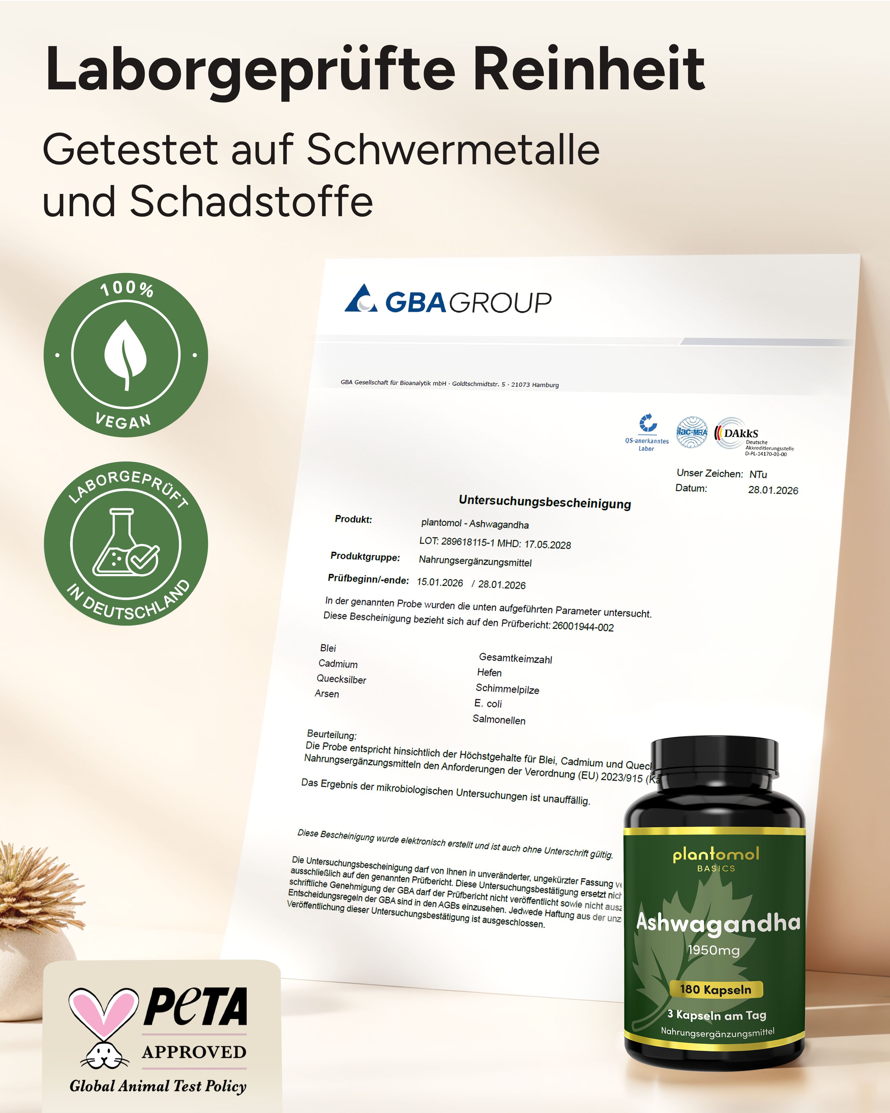 Behälter mit Ashwagandha-Kapseln, Laborbericht, vegan- und PETA-Siegel. Text: Laborgeprüfte Reinheit, GBA GROUP.