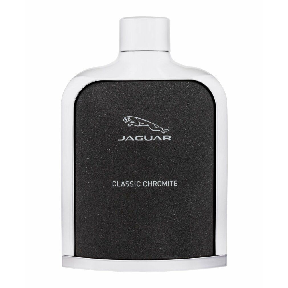 Flakon von Jaguar Classic Chromite. Schwarzes Design mit weißem Rahmen. Logo und Produktname.
