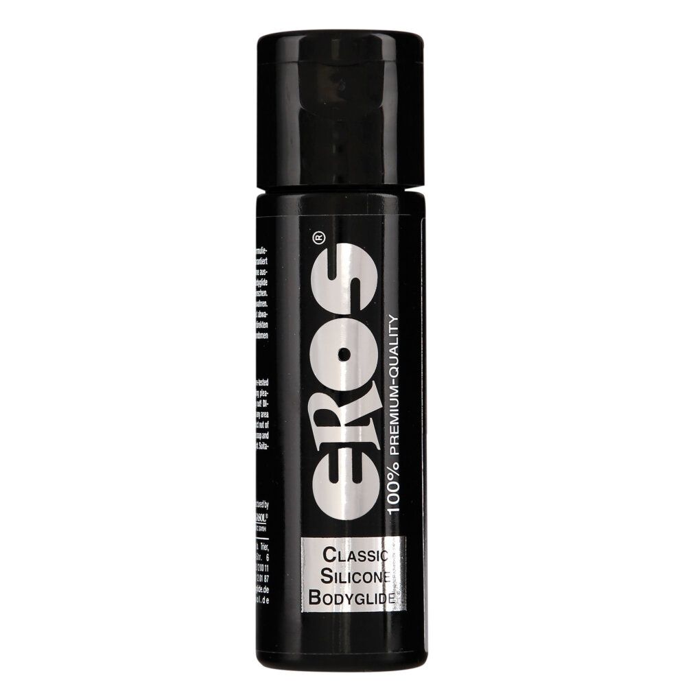 Schwarze Flasche mit "EROS"-Logo und Text. "Classic Silicone Bodyglide" steht darunter. Schwarzer Deckel. Aufrecht.