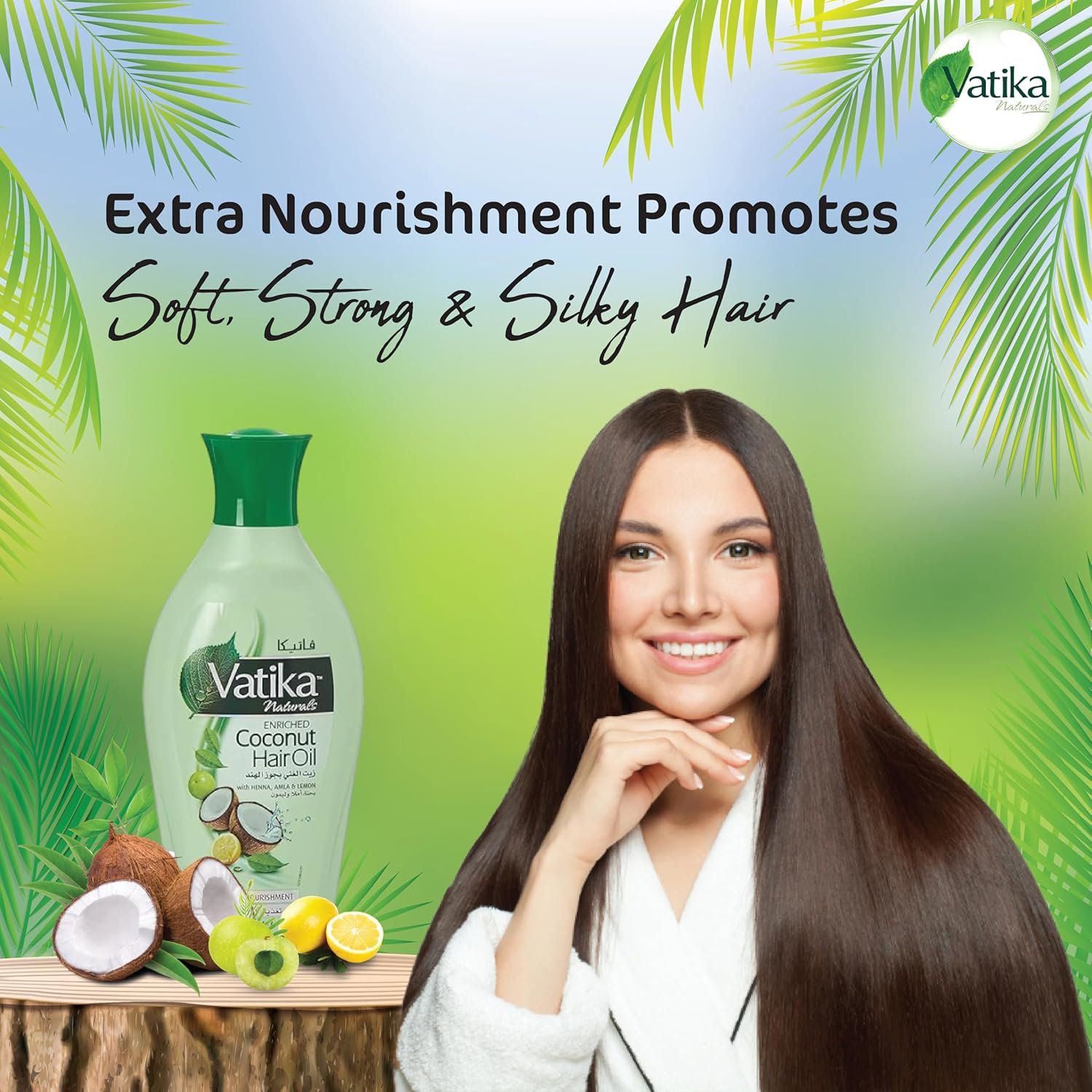 Frau mit langen, glänzenden Haaren. Neben ihr eine Flasche Vatika Naturals Kokos-Haaröl, Kokosnuss, Zitrone und Blätter. Text: Extra Nourishment Promotes Soft, Strong & Silky Hair.