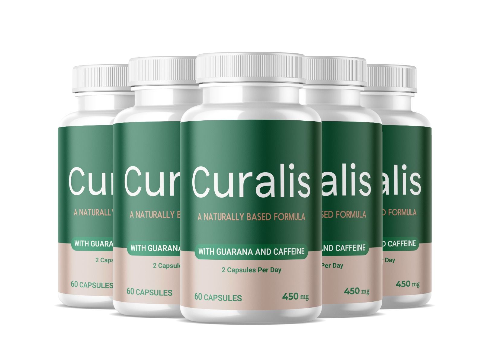 Fünf weiße Flaschen mit grünem Etikett. Aufschrift Curalis, Formel auf natürlicher Basis, mit Guarana und Koffein. 60 Kapseln, 450 mg.