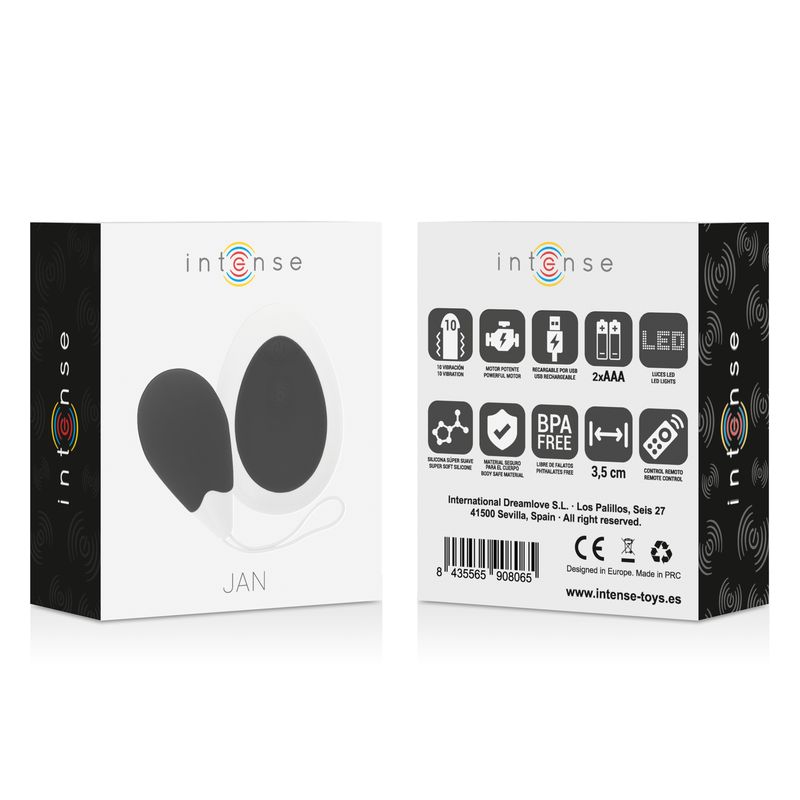 Produktverpackung mit Produktabbildung und Schriftzug "Intense - Jan". Auf der Rückseite sind Informationen und Symbole abgebildet.