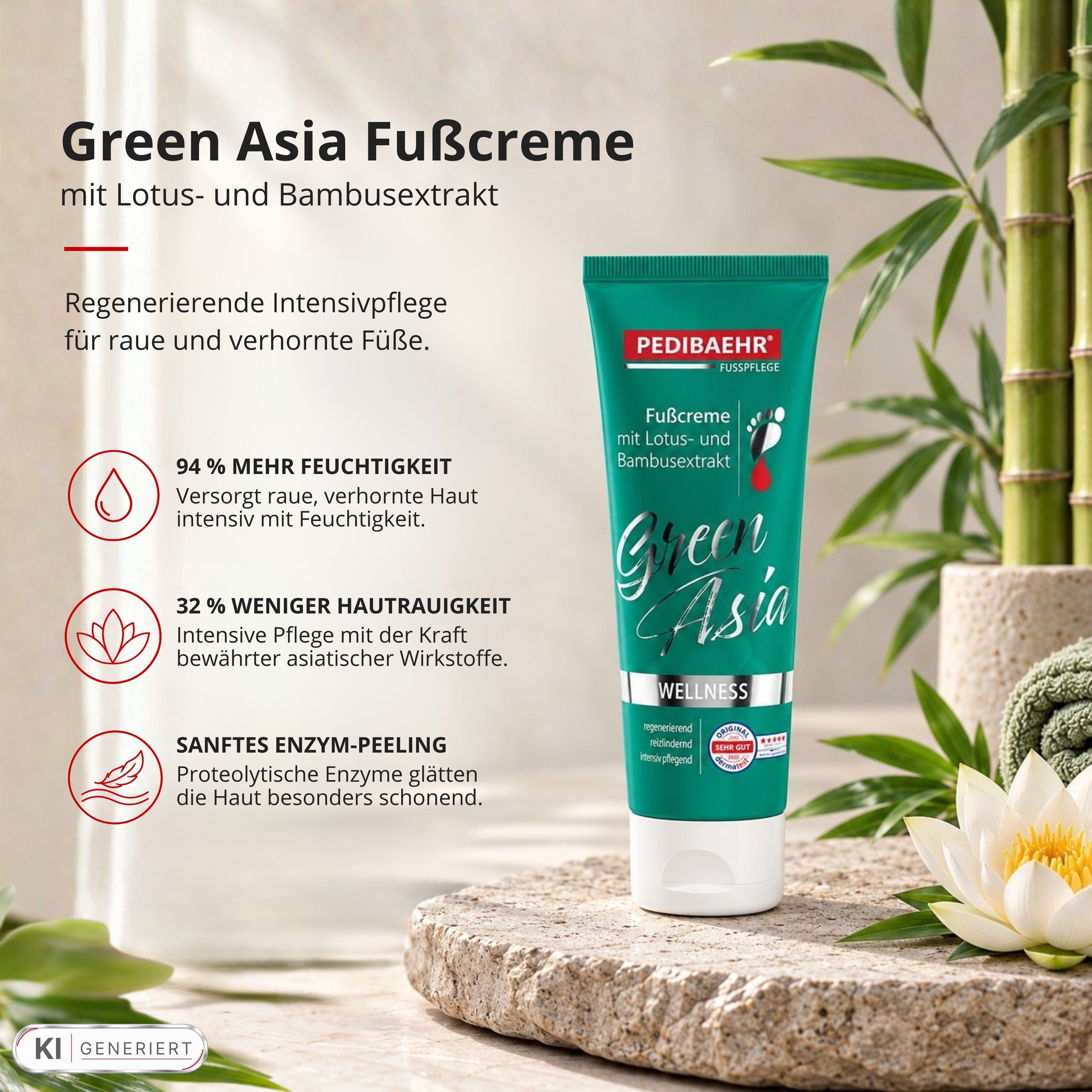 Pedibaehr Fußcreme Green Asia mit Lotus- und Bambusextrakt. Regenerierende Intensivpflege für raue Füße.