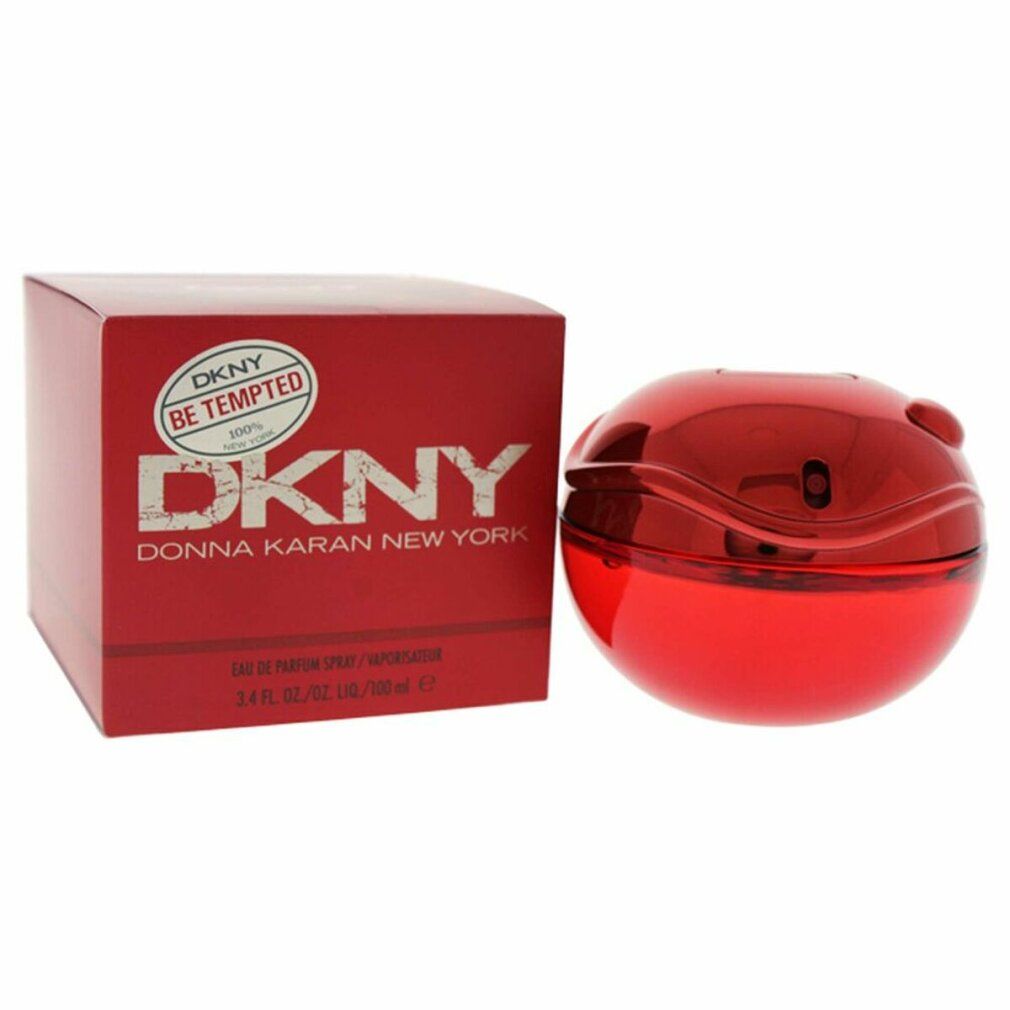 Roter Flakon und Karton. Flakon rund, rot. Karton mit DKNY-Logo und 'Be Tempted'. Text: Donna Karan New York.