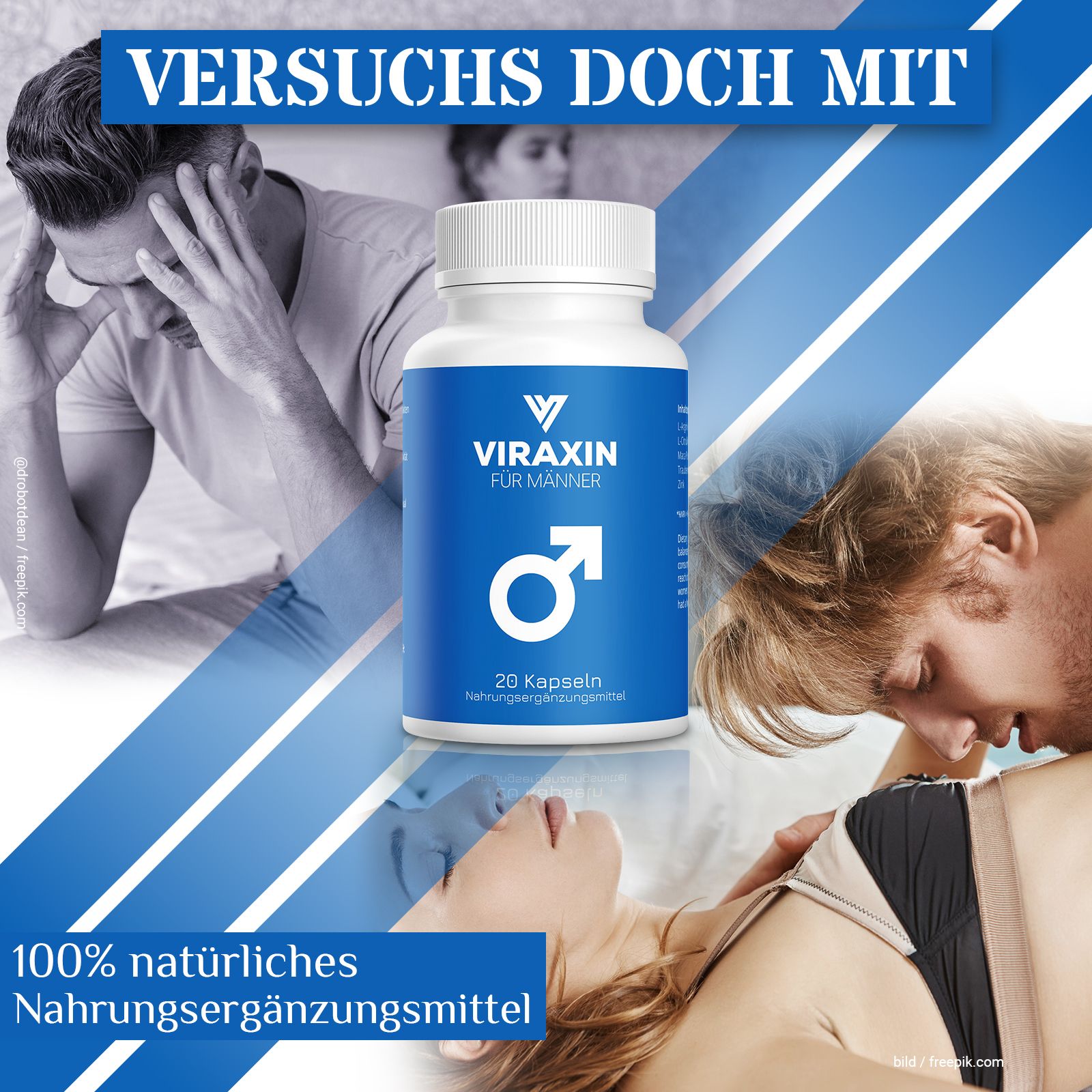 Flasche "Viraxin für Männer" mit 20 Kapseln. Text: "100% natürliches Nahrungsergänzungsmittel".