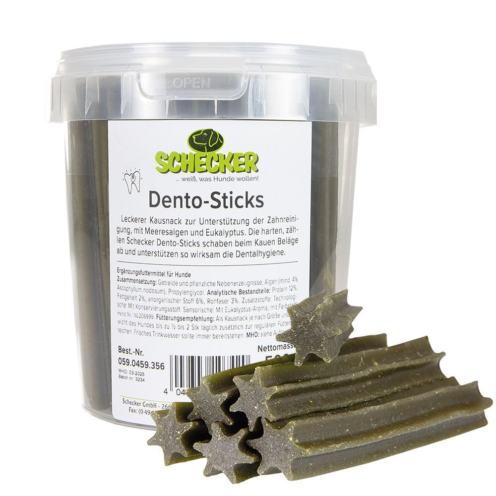 Behälter Schecker Dento-Sticks. Grüne Sticks in Sternform. Daneben einige Sticks. Aufschrift: Schecker, Dento-Sticks.