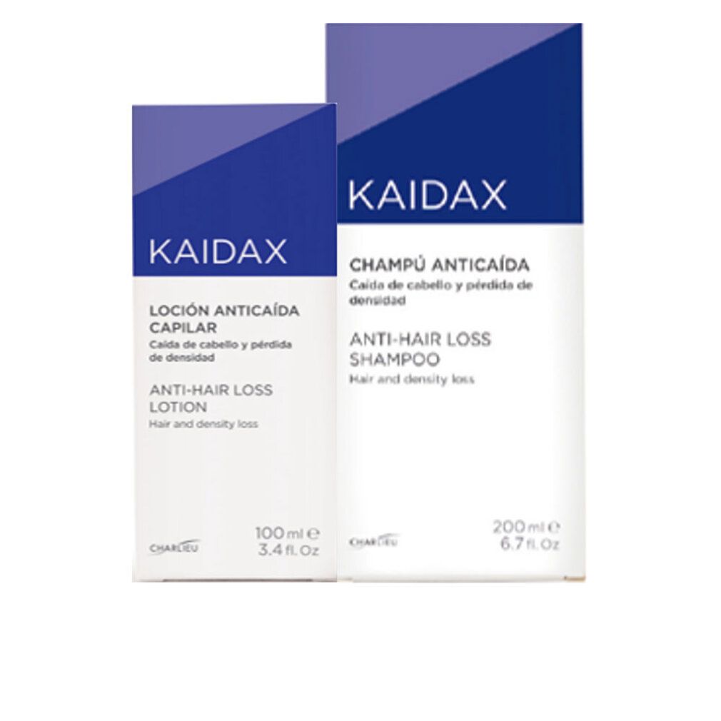Zwei Kaidax Anti-Haarausfall-Produkte: Lotion (100ml) und Shampoo (200ml).