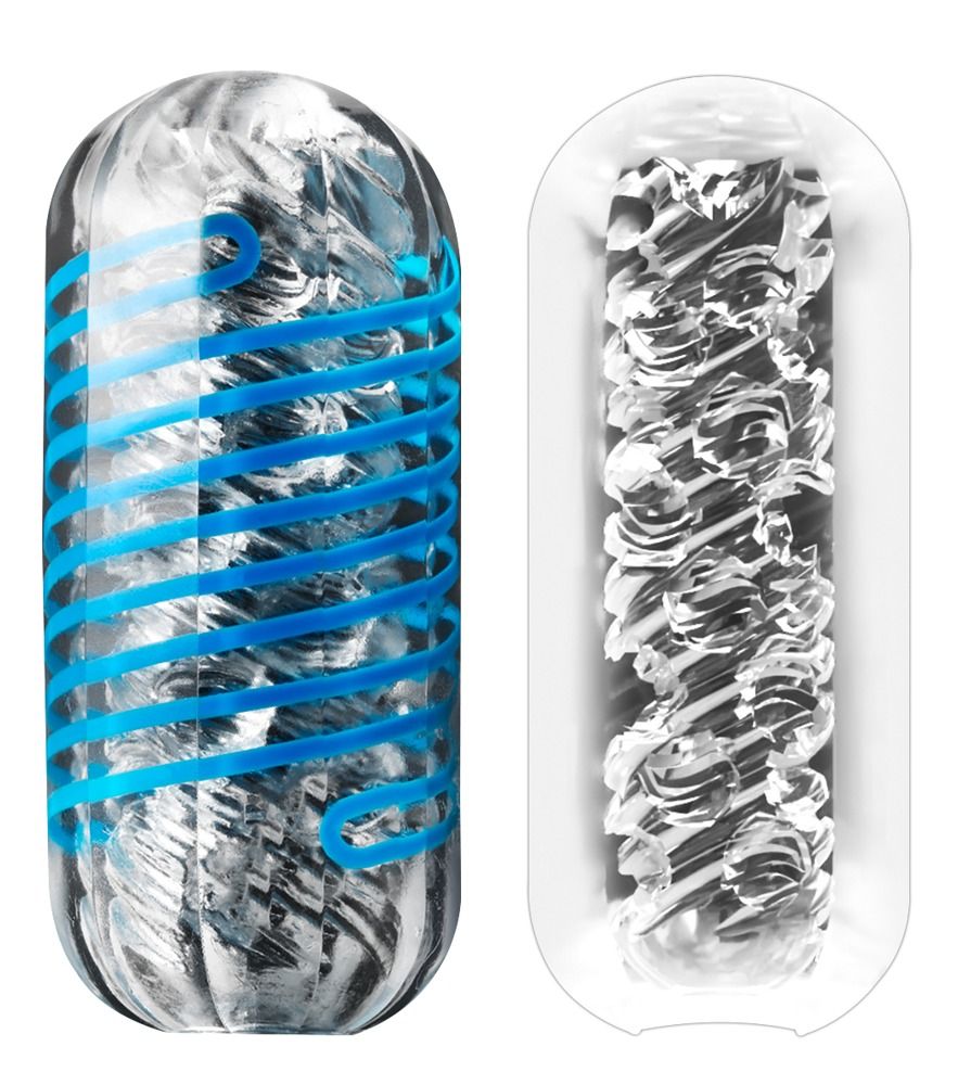 Transparentes, zylindrisches Produkt mit blauen Spiralen, neben einem transparenten Innenraum.