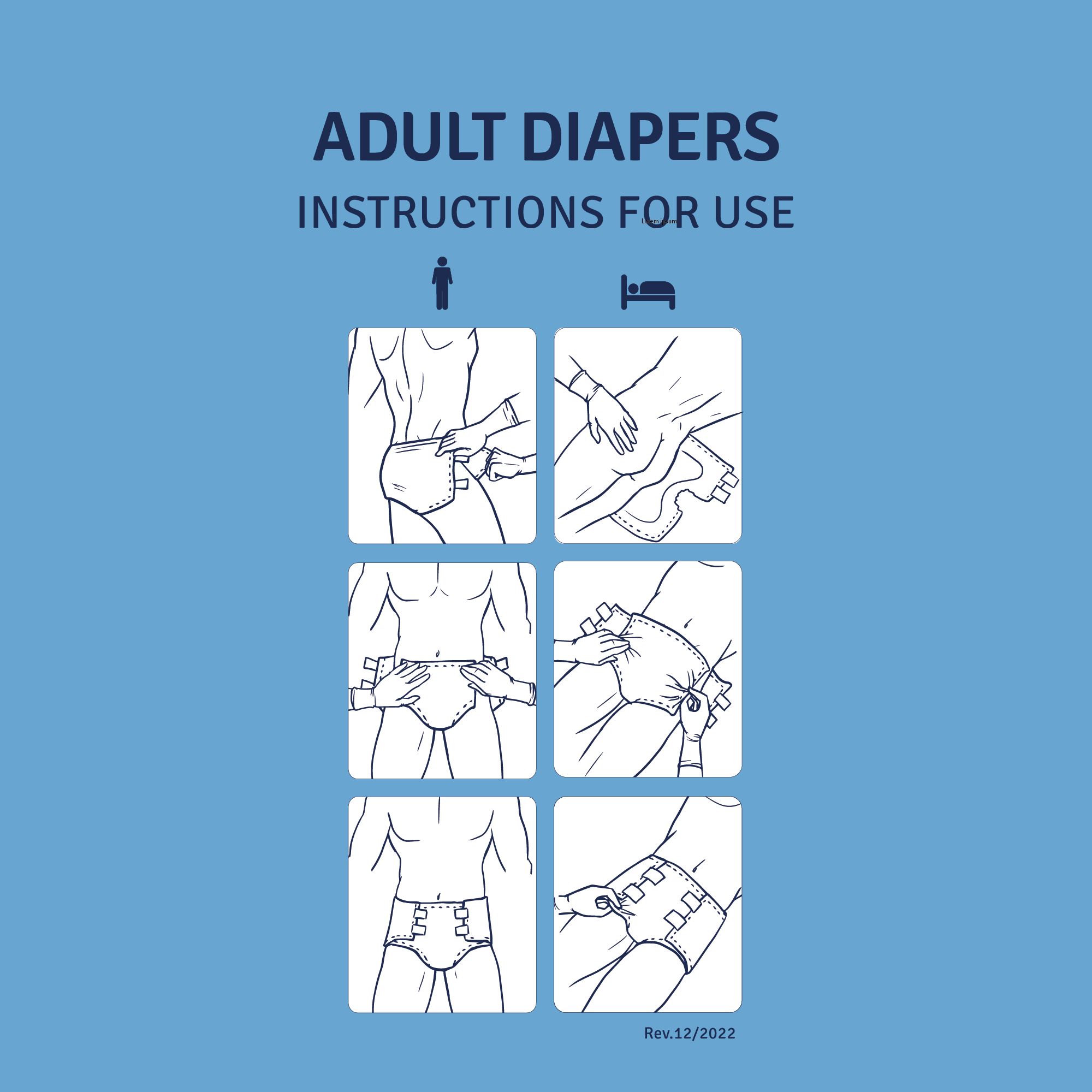 Instructies voor het gebruik van volwassen luiers. Zes illustraties tonen de toepassingsstappen.