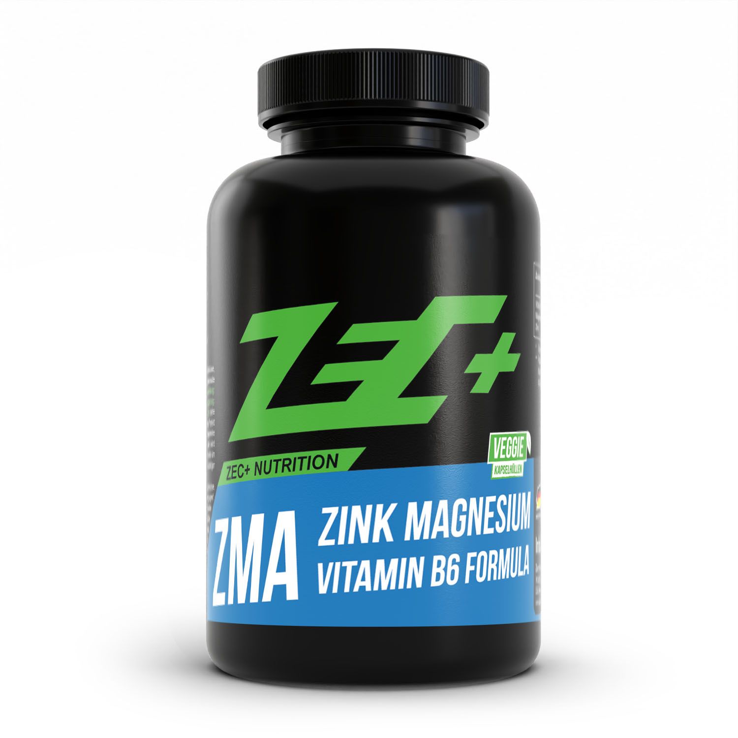 Schwarzer Behälter mit ZEC+ ZMA Zink Magnesium Vitamin B6 Formel Aufkleber.