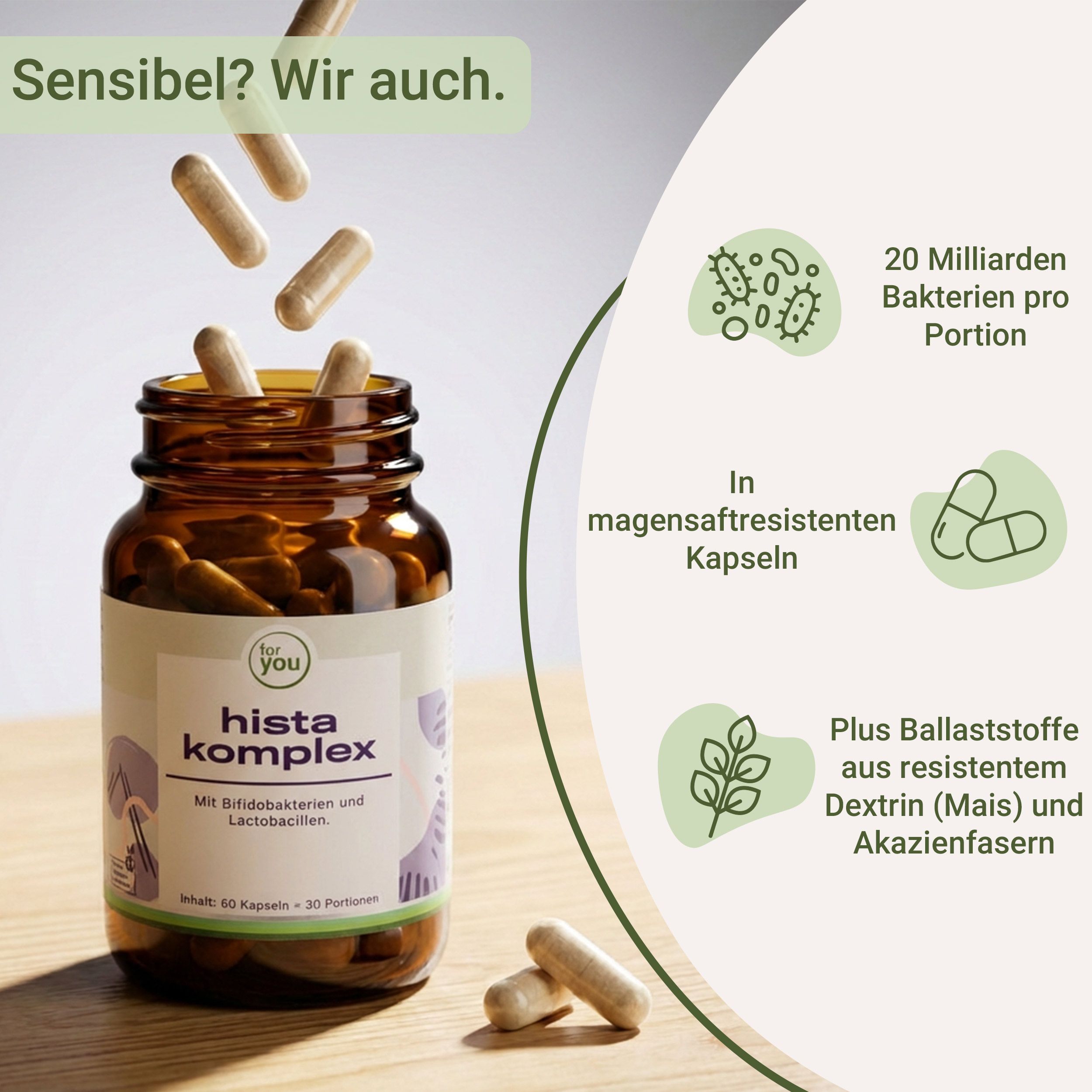 Braune Flasche „for you Hista Komplex“ mit Kapseln. Text: 20 Milliarden Bakterien, magensaftresistente Kapseln, vegan.