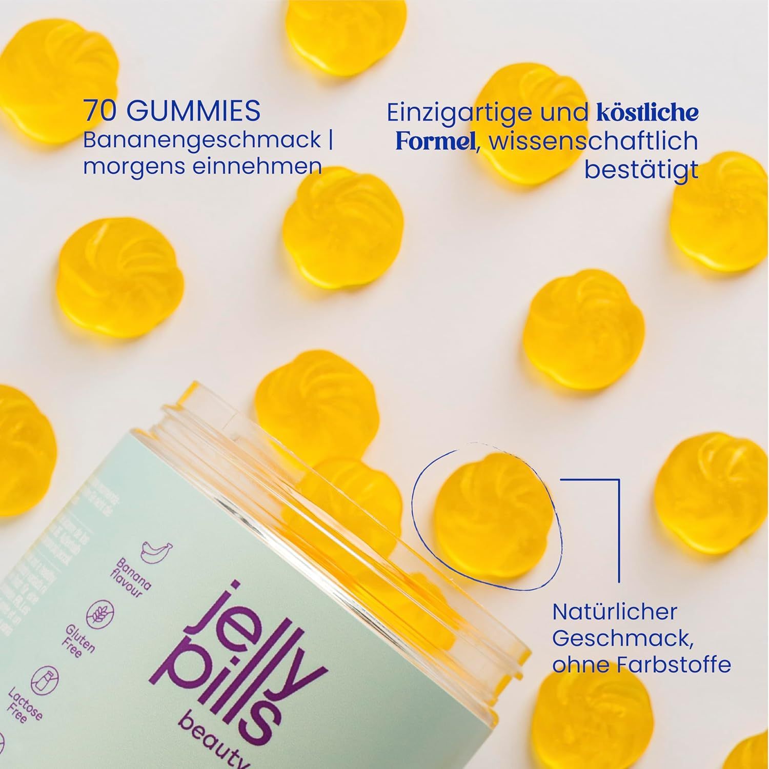 Jelly Pills Derma Glow Gummies. 70 Gummies. Bananengeschmack. Natürlicher Geschmack, ohne Farbstoffe. Gelbe Gummibärchen.