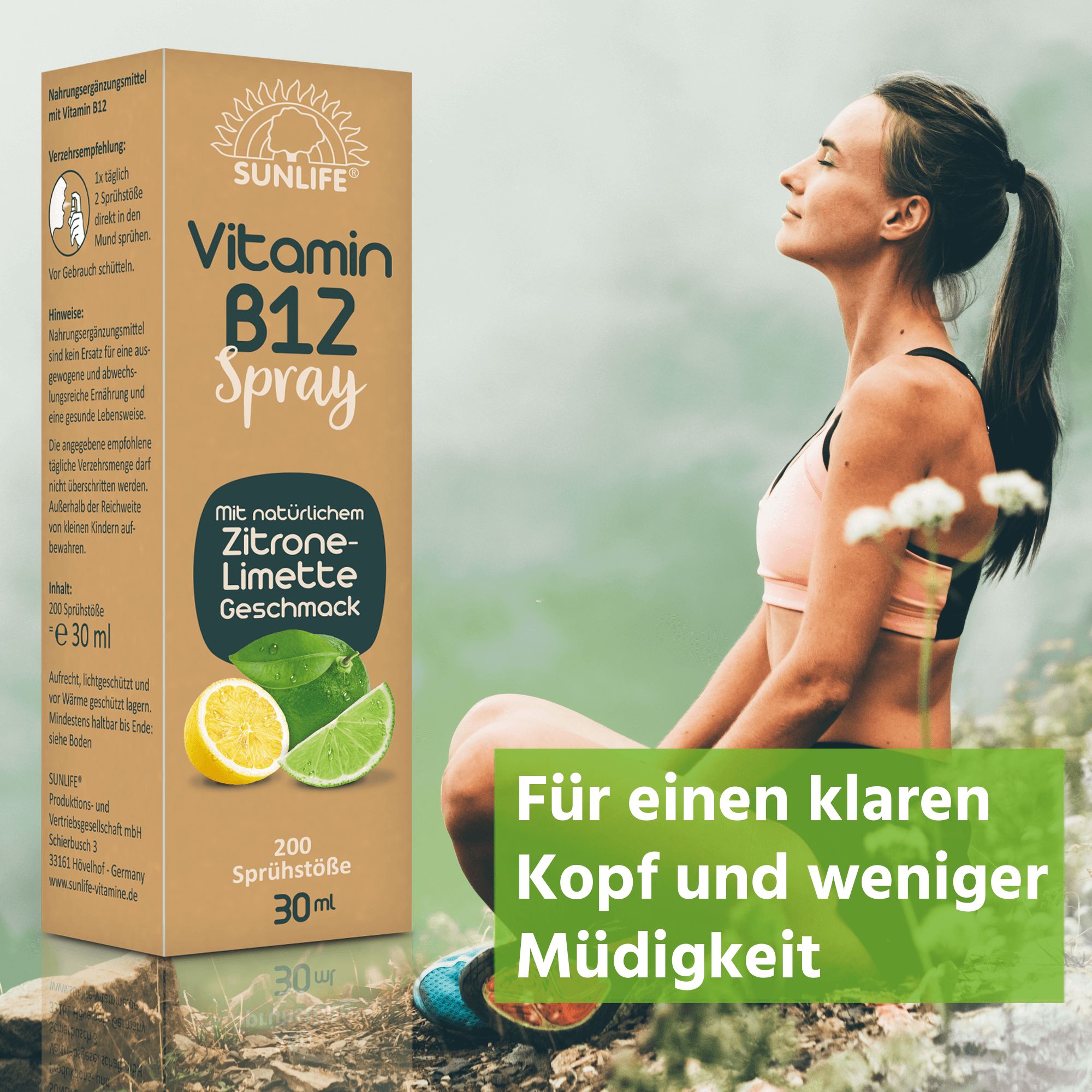 SUNLIFE® Vitamin B12 Spray in Kartonverpackung. Frau sitzt im Freien. Zitrone-Limette Geschmack. 200 Sprühstöße, 30ml.