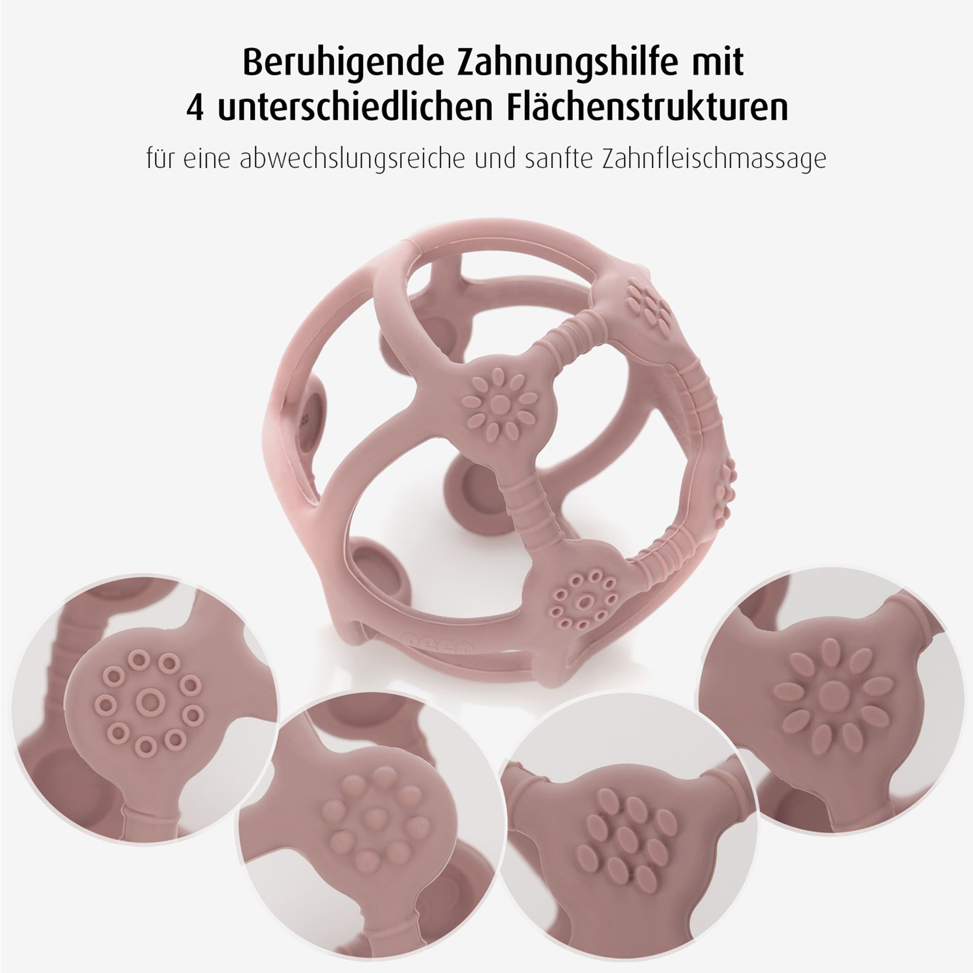Rosafarbener Beiß- und Greifball mit vier verschiedenen Oberflächenstrukturen zur sanften Zahnfleischmassage.