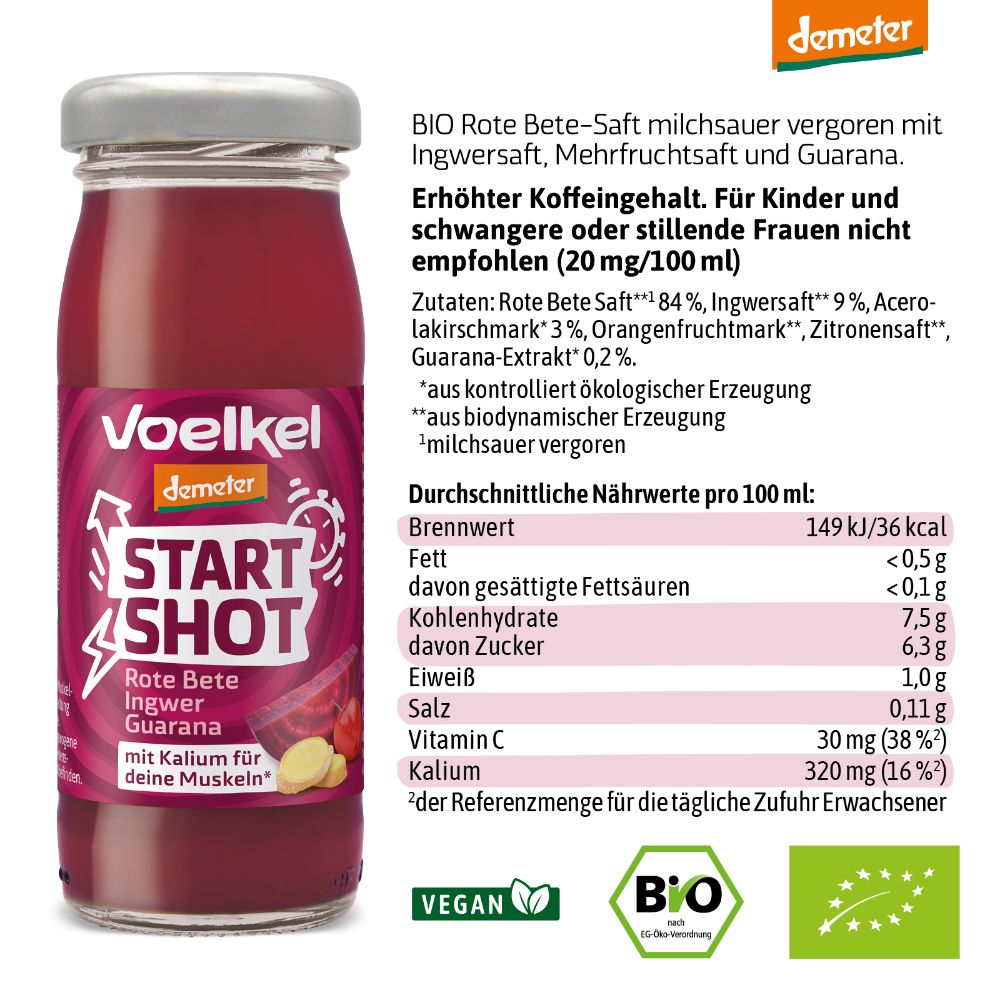 Glasflasche mit rotem Saft. Etikett mit "Voelkel", "Start Shot", "Rote Bete Ingwer" und Nährwertangaben. "Demeter"-Logo.