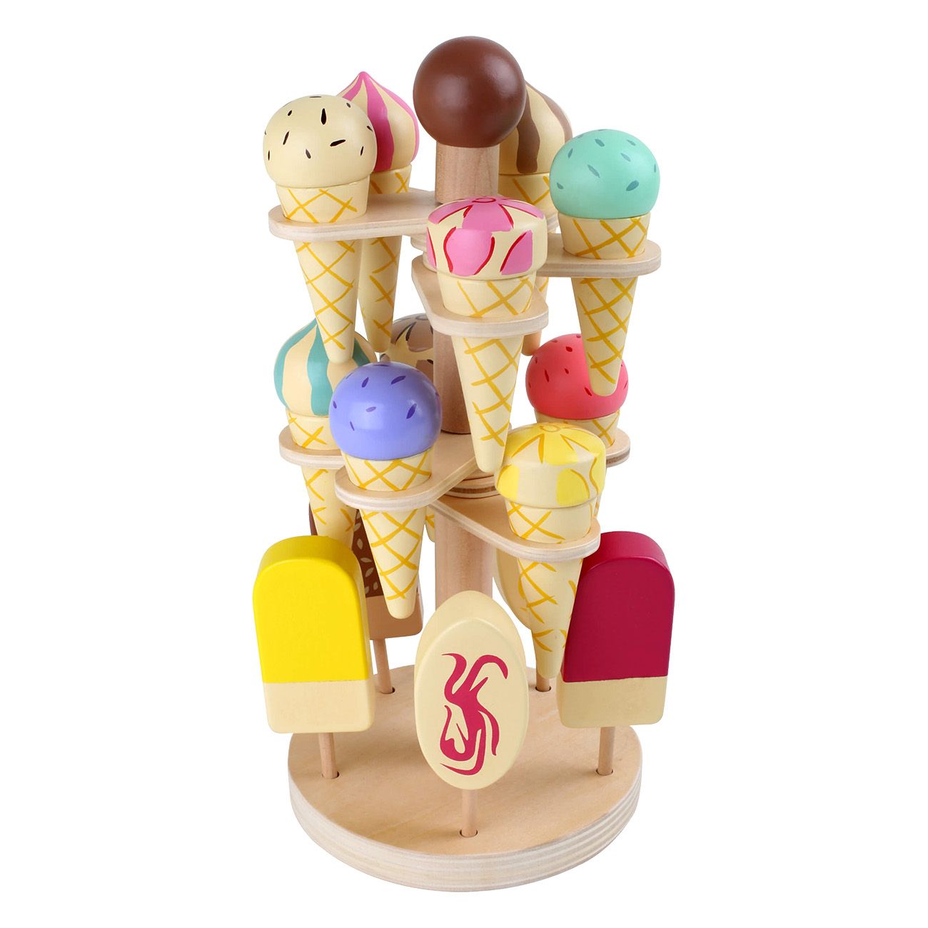 Eisständer mit Eiswaffeln und Eis am Stiel. Mehrere Ebenen. Holzoptik. Verschiedene Eissorten.