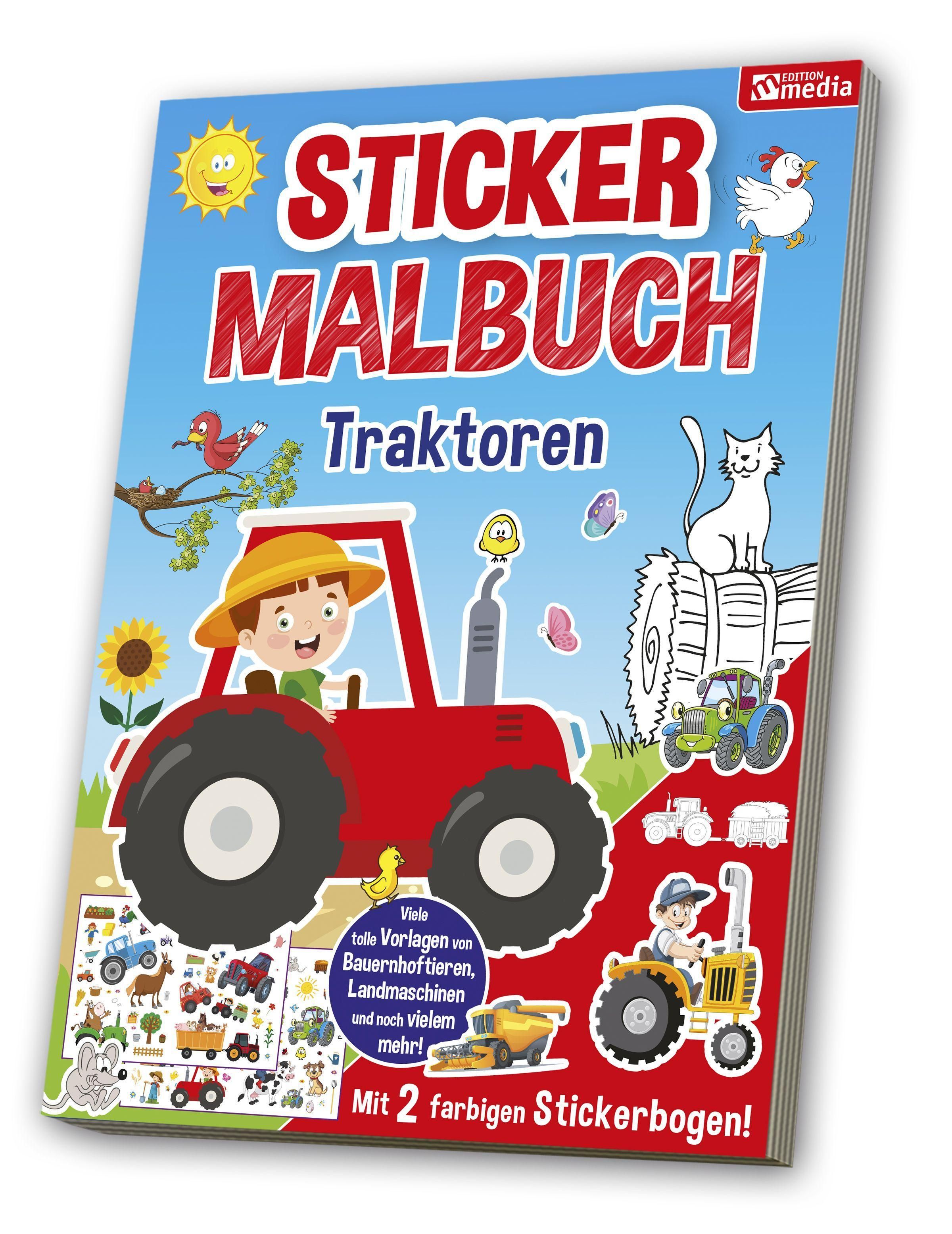 Malbuch mit dem Titel "Traktoren". Auf dem Cover sind Illustrationen von Traktoren, Tieren und einem Kind zu sehen. Enthält zwei Stickerbögen.