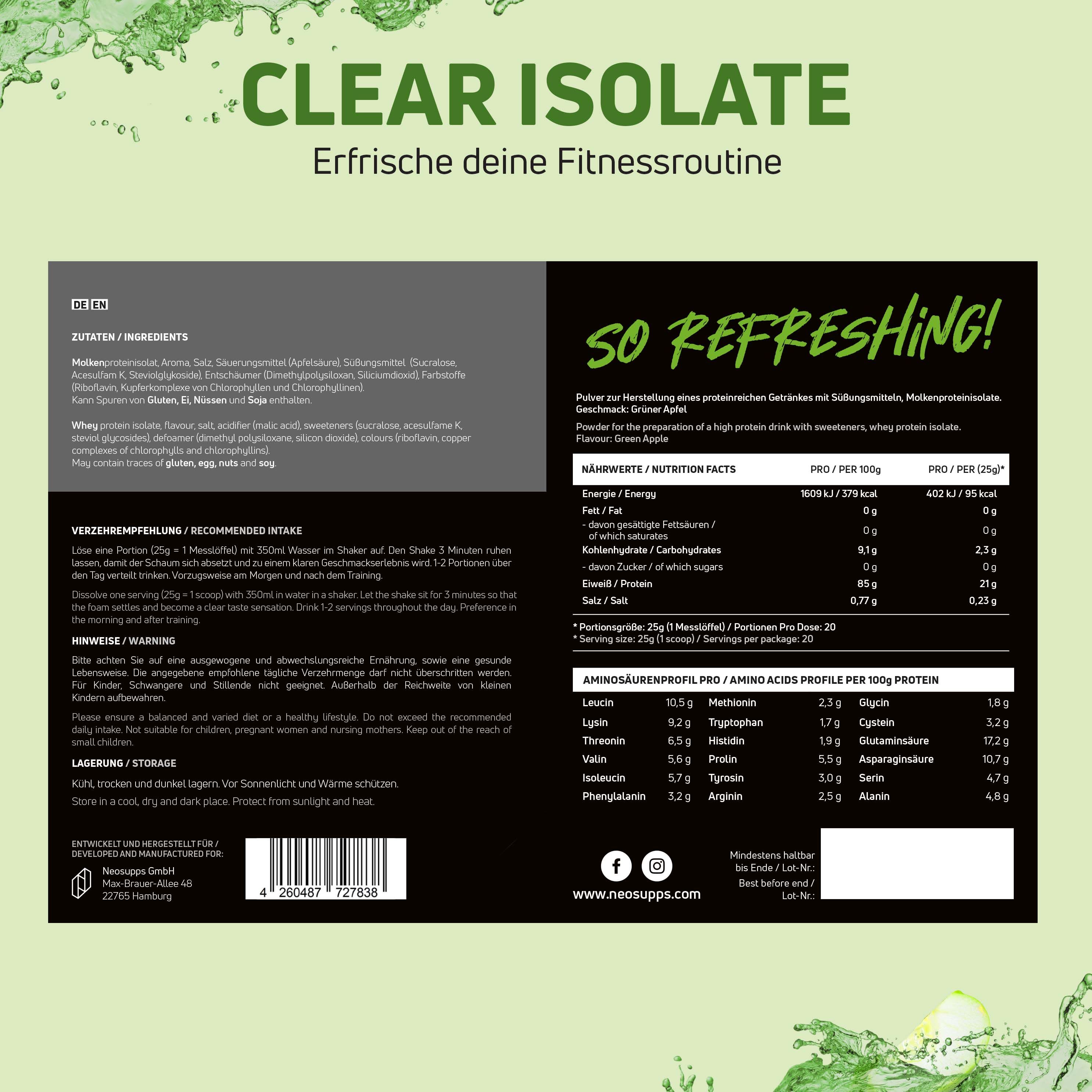Grünes Etikett mit Text. Zutaten, Nährwertangaben, Aminosäurenprofil. Aufschrift CLEAR ISOLATE. Text: So Refreshing!