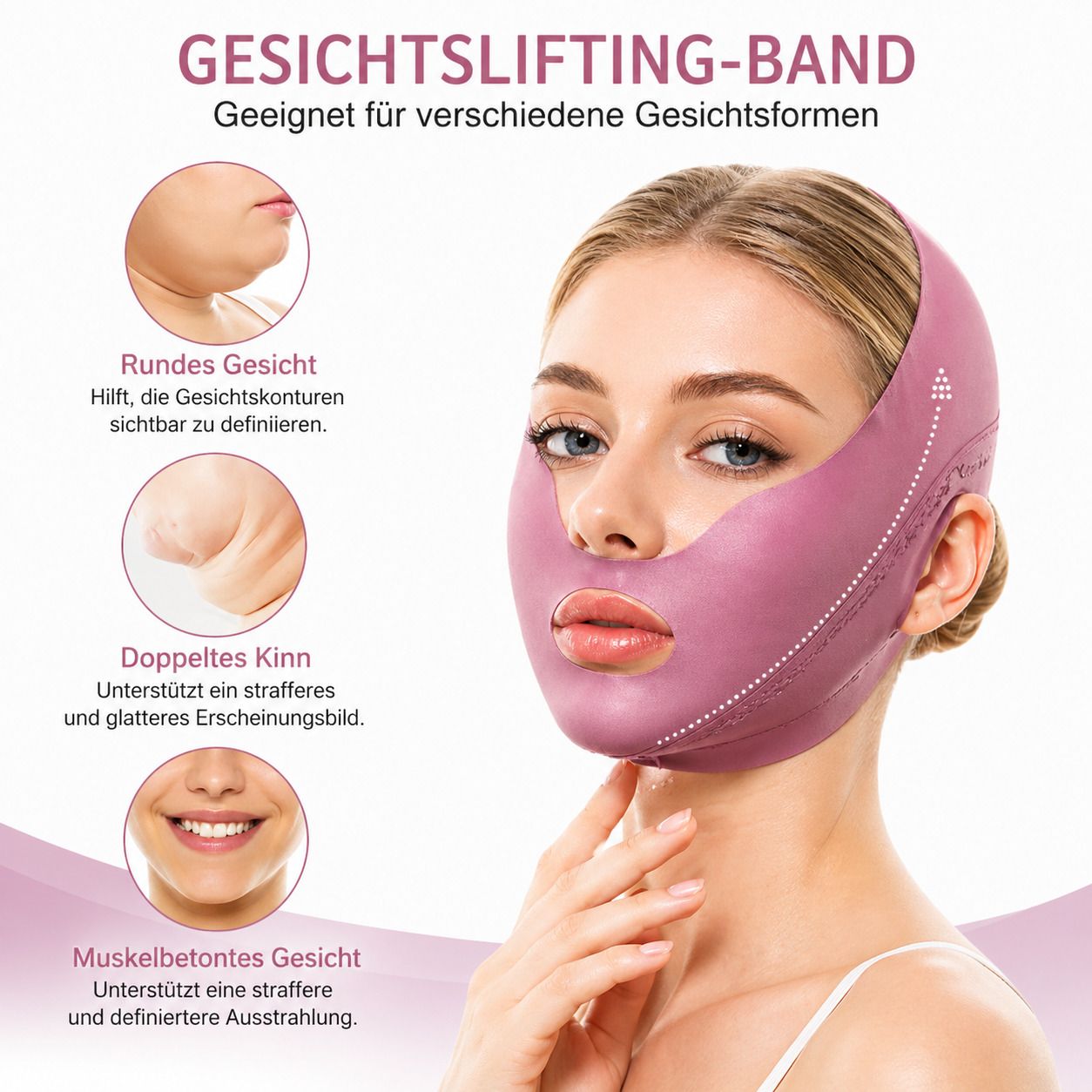 Frau mit rosa Gesichtsband. Text: „Gesichtslifting-Band“. Hilft bei rundem Gesicht, Doppelkinn und muskelbetontem Gesicht.