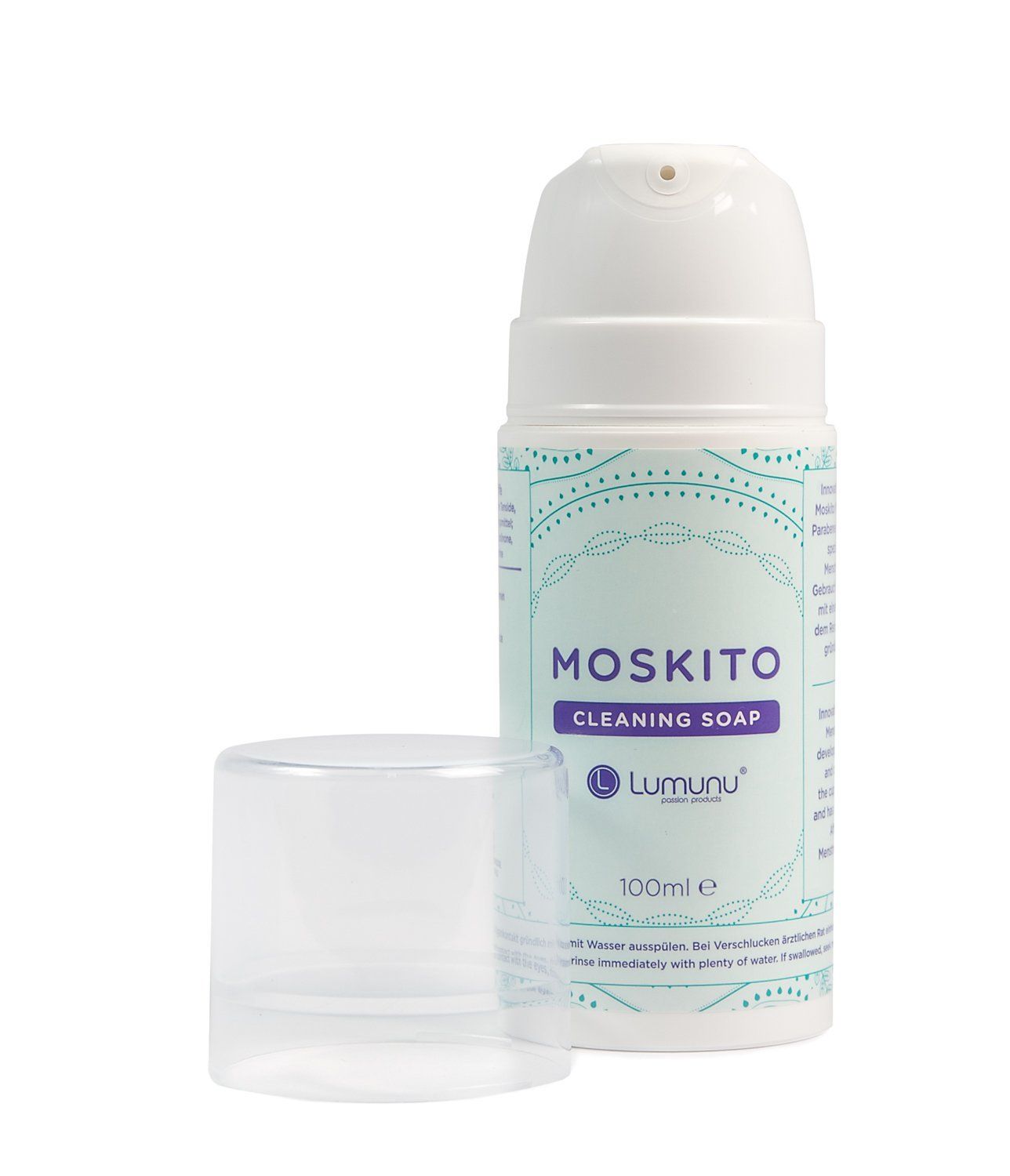 Weißer Pumpflakon mit "Moskito Cleaning Soap"-Etikett. Deckel daneben. "Lumunu"-Logo und 100ml-Angabe.
