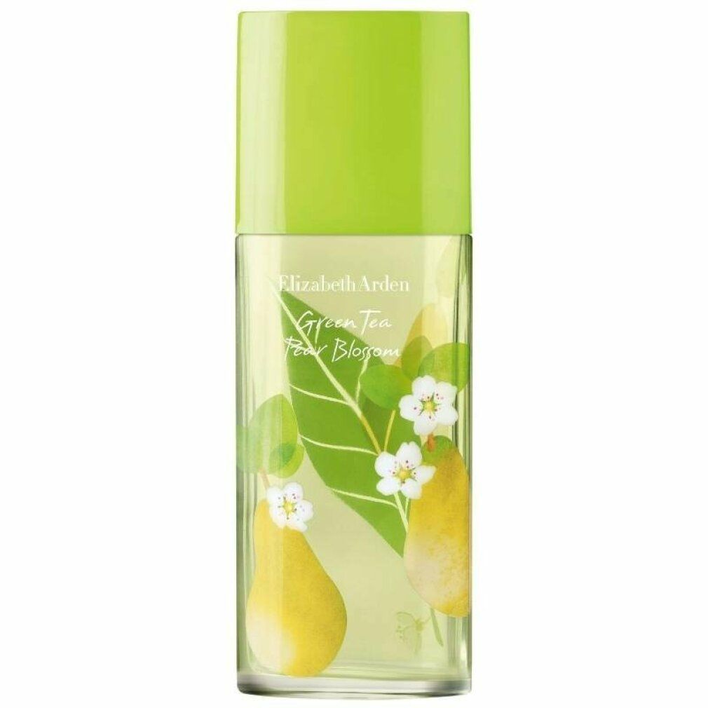 Rechteckiger Flakon mit floralem Design. Aufschrift: Elizabeth Arden Green Tea Pear Blossom. Grüne Kappe.