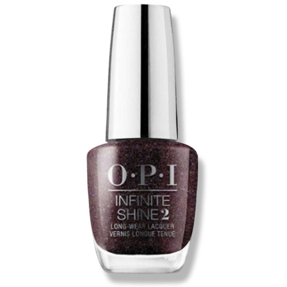 Nagellackflasche mit silbernem Deckel. OPI Infinite Shine 2, dunkelbraune Farbe. Klare Glasflasche.