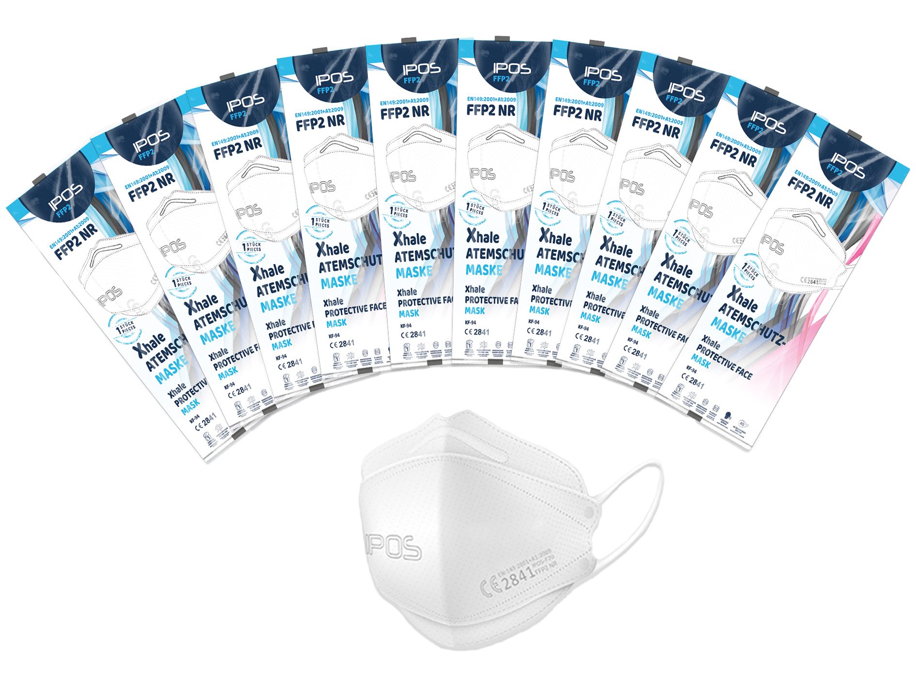 Mehrere einzeln verpackte Atemschutzmasken und eine einzelne Maske. Aufschrift: IPOS FFP2 NR. Masken weiß, mit Logo. Einzelverpackung mit blauer Banderole.