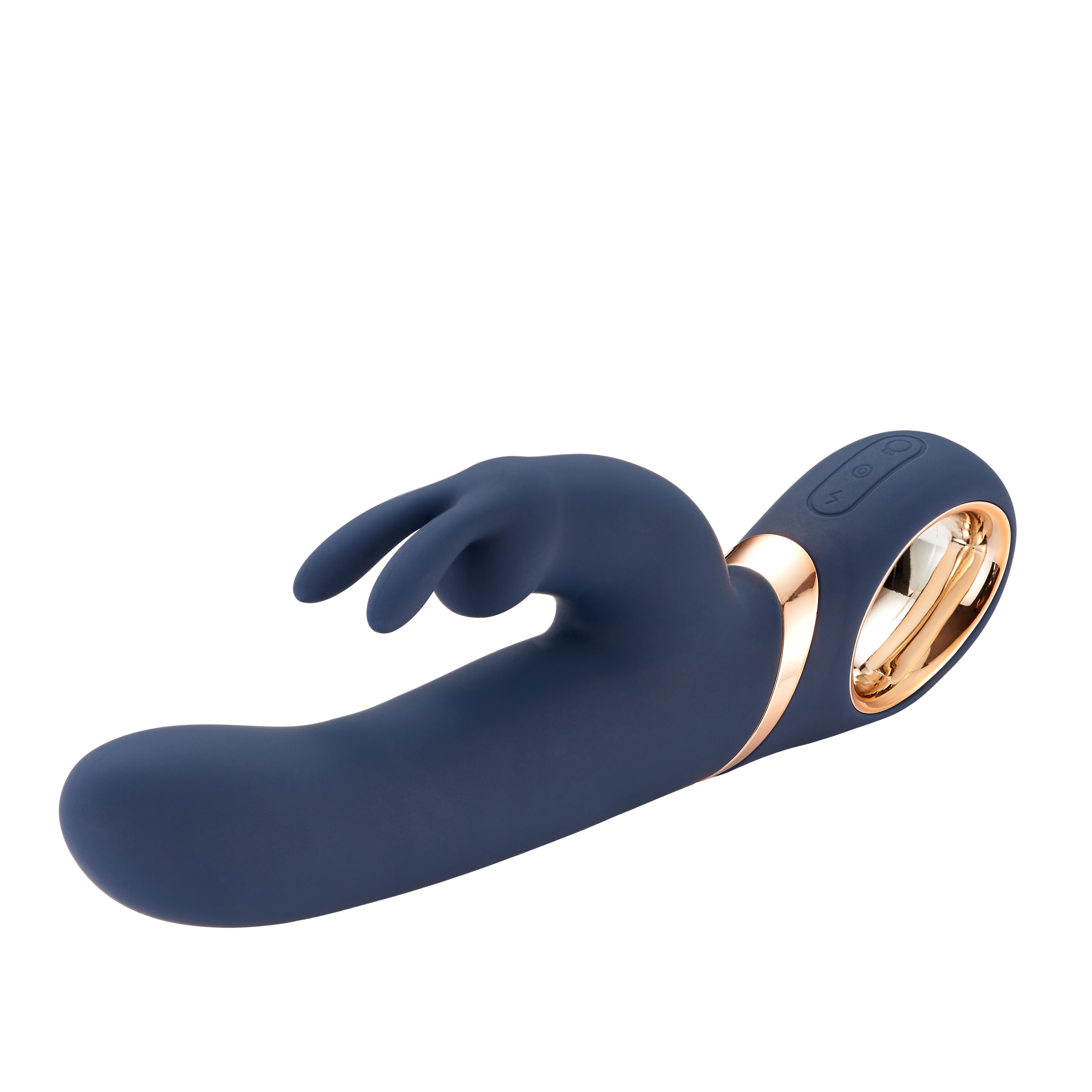 Dunkelblauer Vibrator mit Hasenohren-Aufsatz und goldfarbenen Akzenten. Ringförmige Öffnung am unteren Ende.