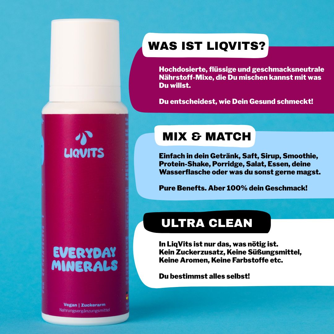 Flasche LiqVits Everyday Minerals mit Text. Aufschrift: Was ist LiqVits? Mix & Match. Ultra Clean. Vegan, zuckerarm.