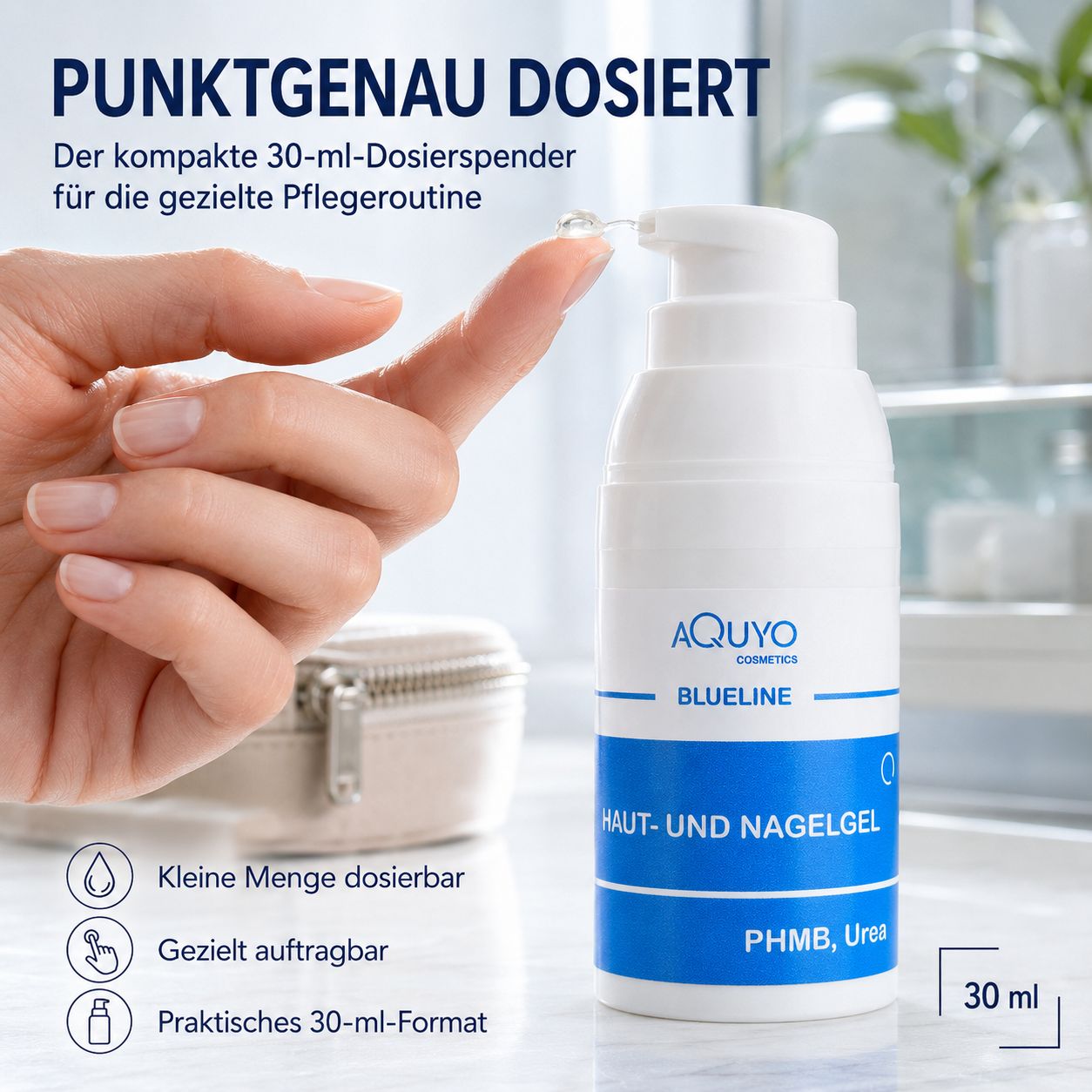 Hand drückt Pumpspender der 30-ml-Flasche Haut- und Nagelgel. "Punktgenau dosiert".