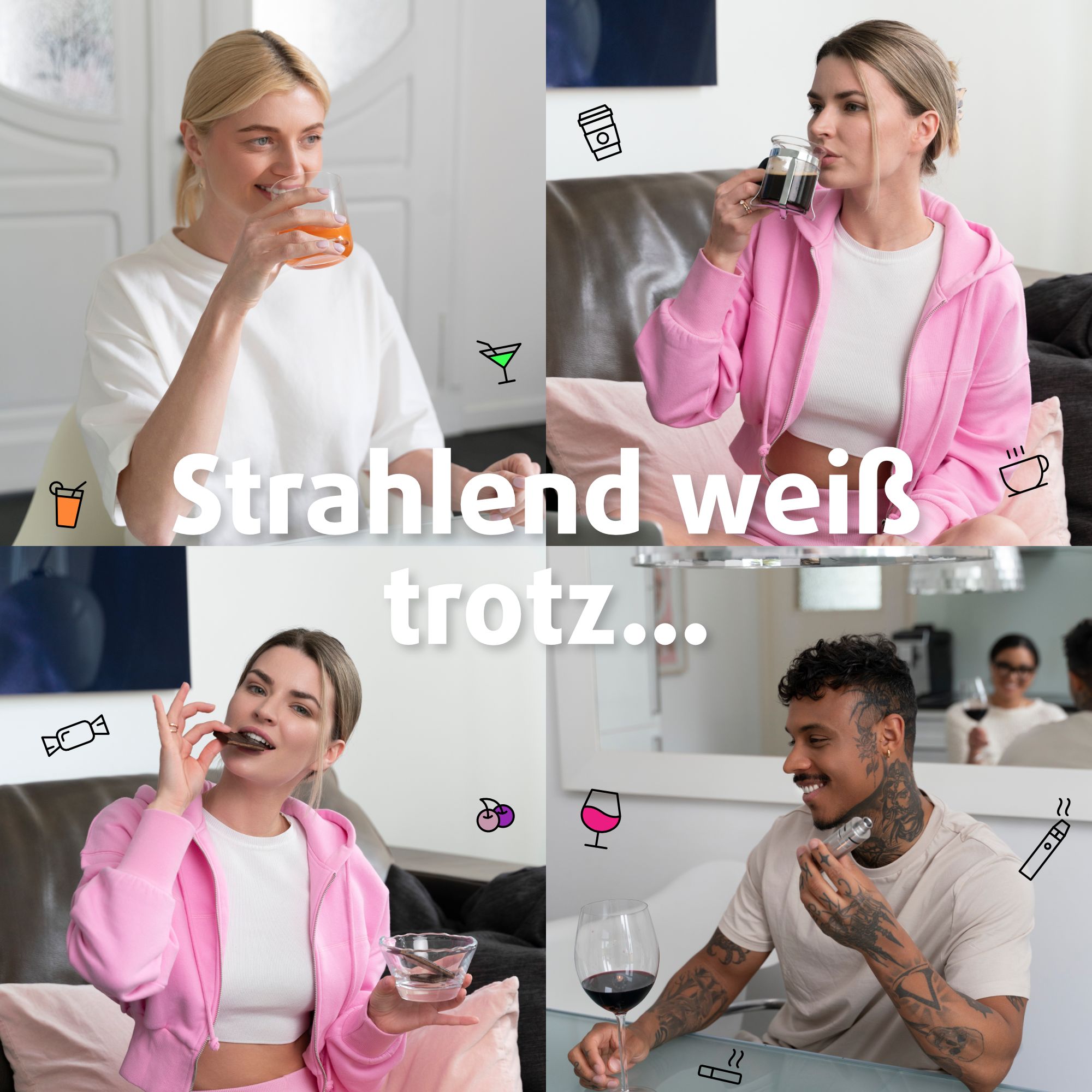 Frauen trinken Getränke. Icons von Getränken und Süßigkeiten. Text: Strahlend weiß trotz...