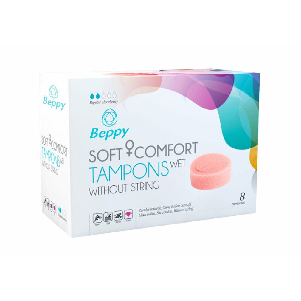 Verpackung von Beppy Soft Comfort Tampons Wet ohne Faden. Enthält 8 Tampons. Aufdruck: Regular Absorbency.