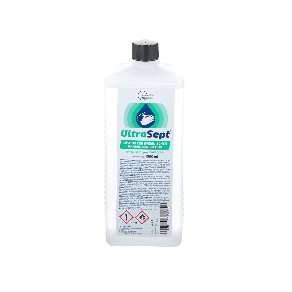 Weißliche Flasche mit schwarzem Deckel. Aufschrift: UltraSept Lösung zur hygienischen Händedesinfektion. Warnhinweise.
