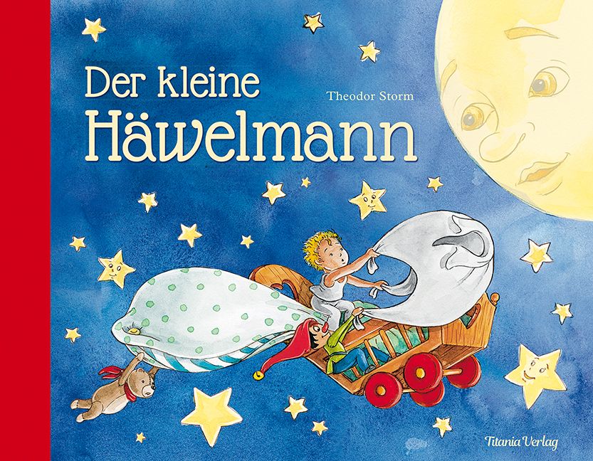 Buchcover "Der kleine Häwelmann". Titel und Autor Theodor Storm. Illustration: Kind auf Bett, Mond, Sterne. Verlag Titania Verlag.
