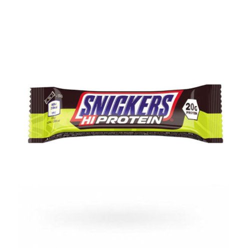 Snickers Hi Protein Riegel. Verpackung mit Logo und Schriftzug. Enthält 20g Protein. Gelb, braun und rot.
