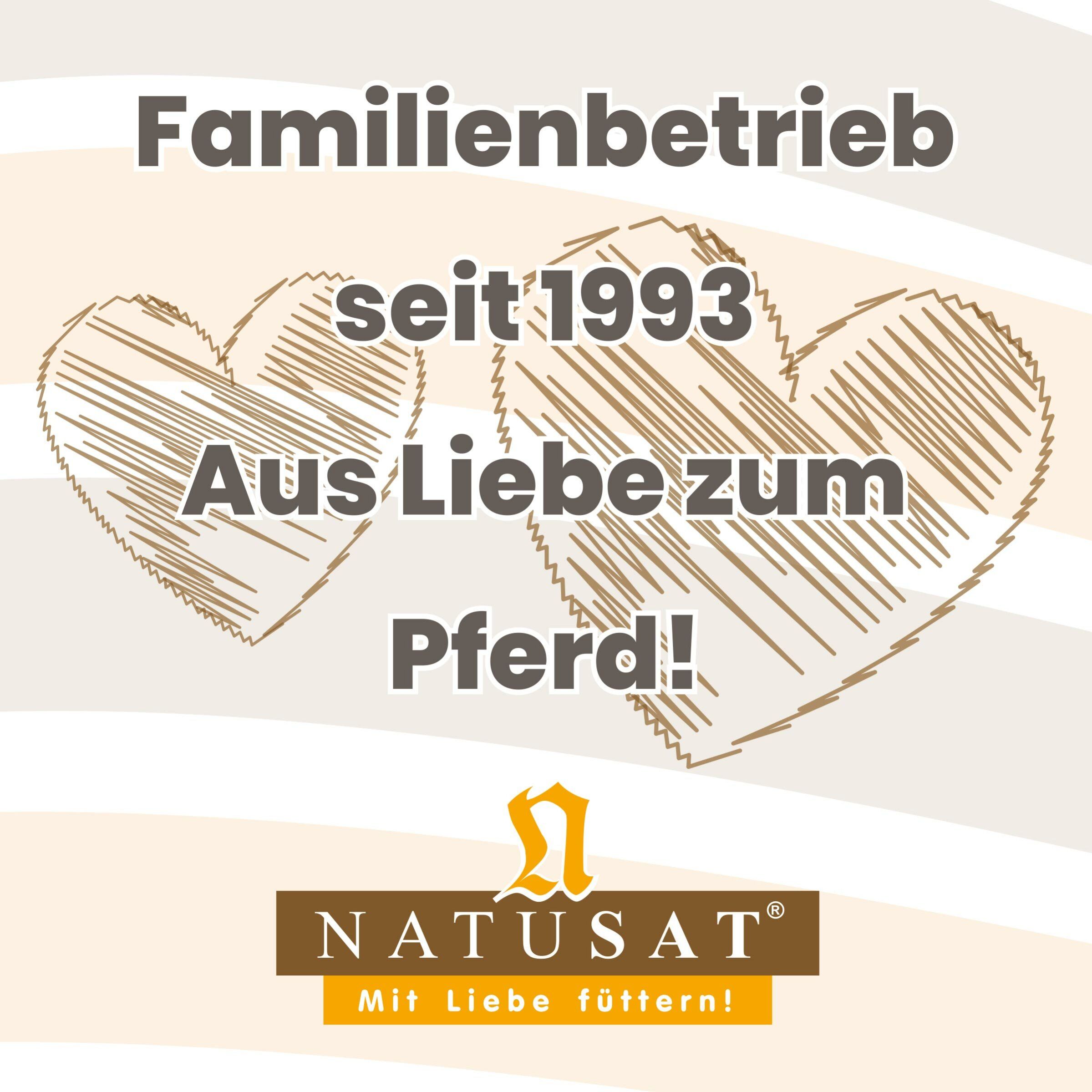 Text auf beigem Hintergrund. Überschrift: Familienbetrieb seit 1993. Zwei Herzen. Logo und Slogan von Natusat.
