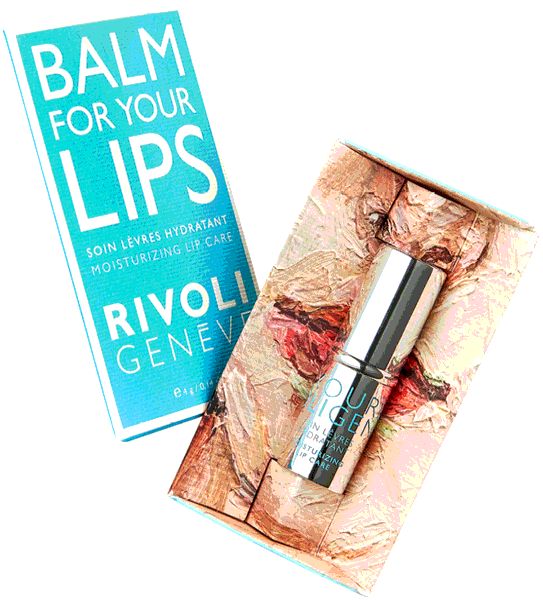 Lippenpflegestift und Verpackung. Auf der Verpackung steht: BALM FOR YOUR LIPS, Rivoli Genève, Soin Lèvres Hydratant.