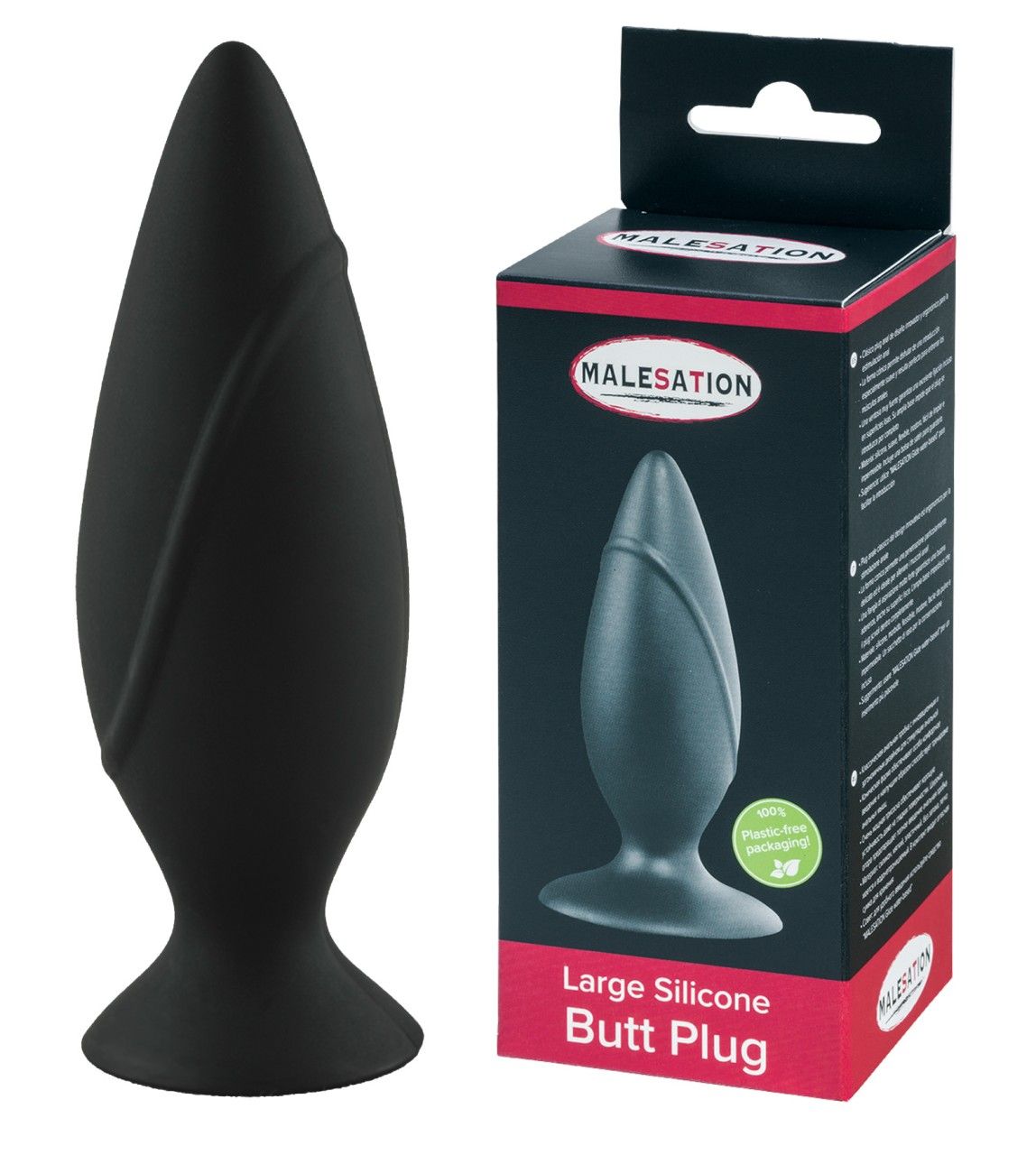 Schwarzer Silikon-Butt Plug neben Verpackung. Verpackung mit Produktabbildung und Schriftzug MALESATION. Aufschrift: Large Silicone Butt Plug.