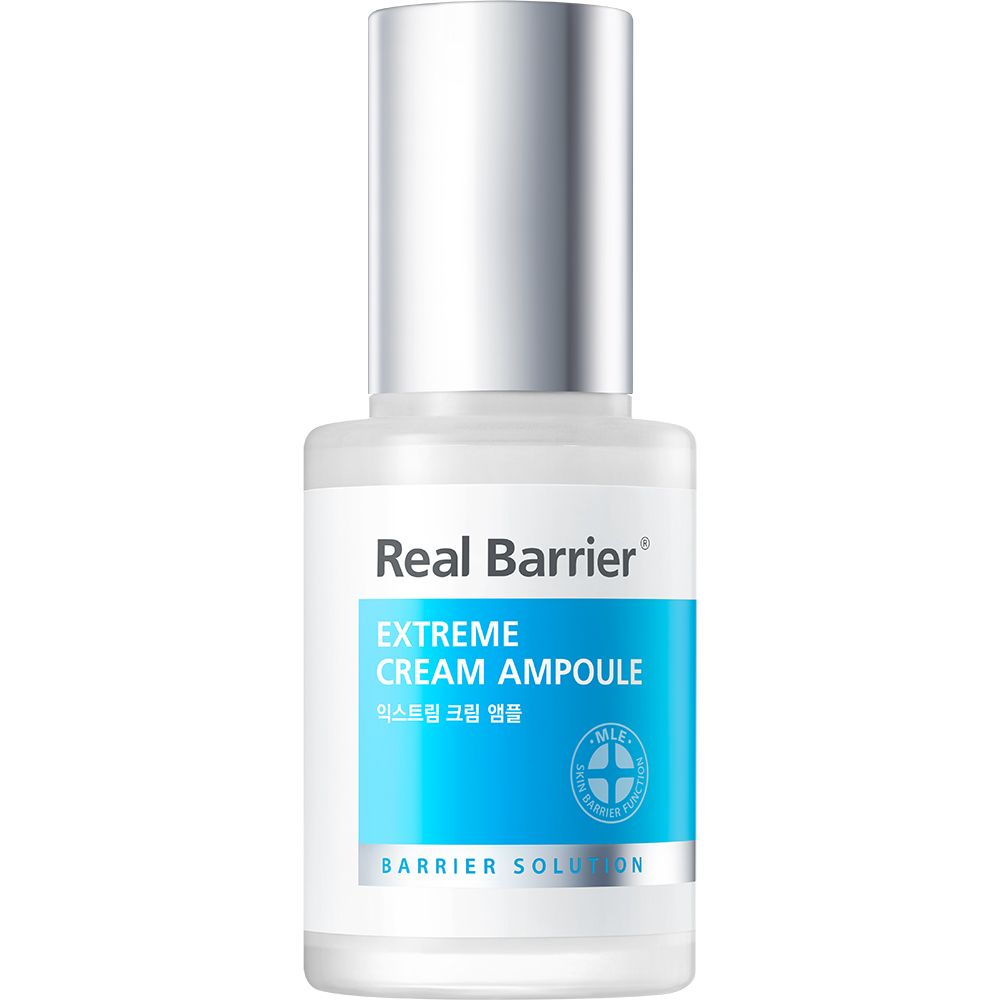 Serumflasche mit silbernem Deckel. Aufschrift: Real Barrier Extreme Cream Ampoule. Blaues Etikett mit Logo.