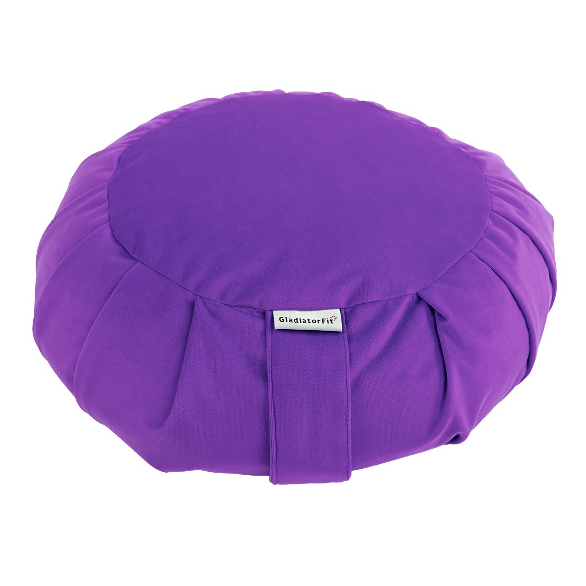 Rundes, violettes Meditationskissen mit Falten und Trageschlaufe. Label mit "GladiatorFit".