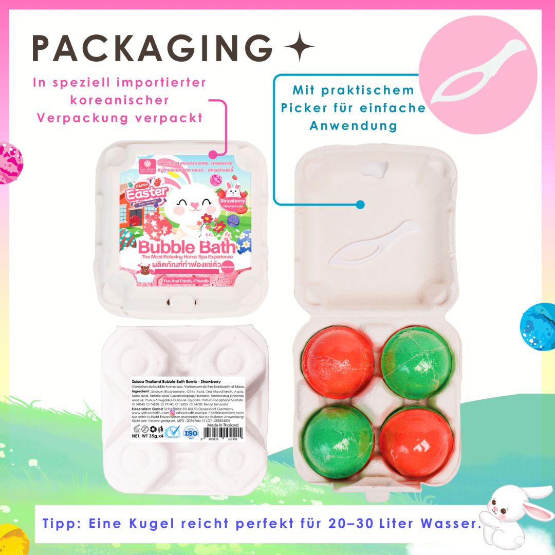 Verpackung: Eierkarton mit Badbomben. Text: In speziell importierter koreanischer Verpackung verpackt. Mit Picker.