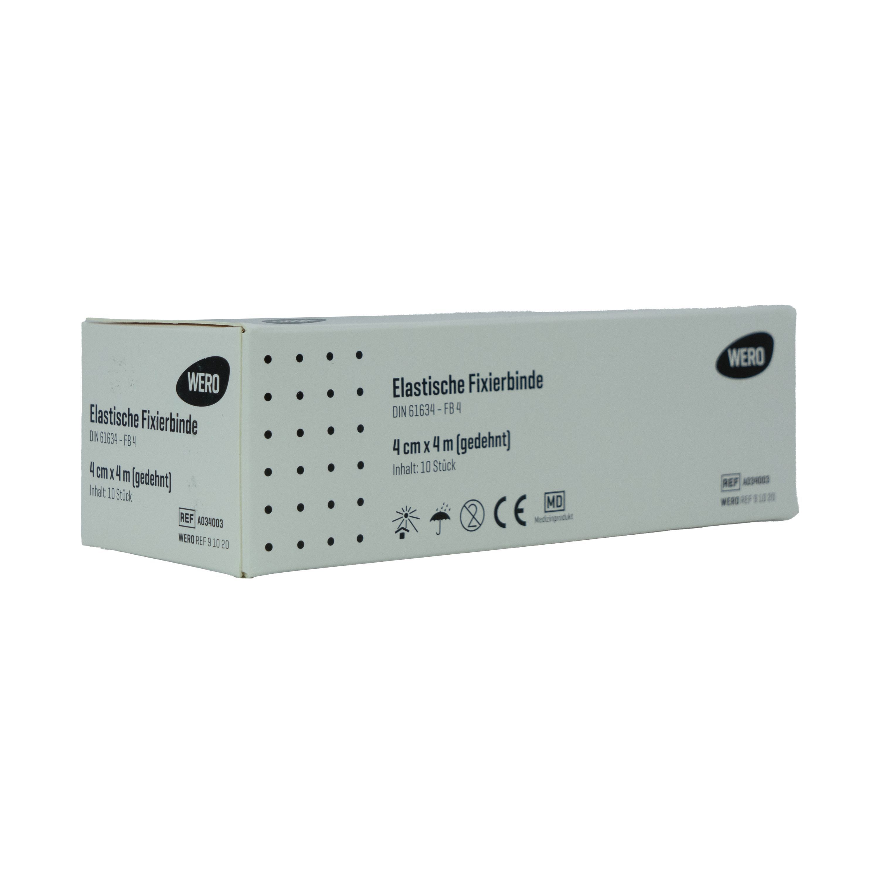 WERO Fixierbinden-Packung. Weißer Karton mit Produktbezeichnung und Größenangabe. CE-Kennzeichnung.