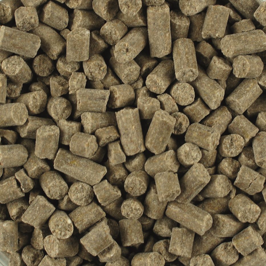 Nahaufnahme von braunen, zylindrischen Pellets. Die Pellets sind unregelmäßig geformt und liegen dicht beieinander.
