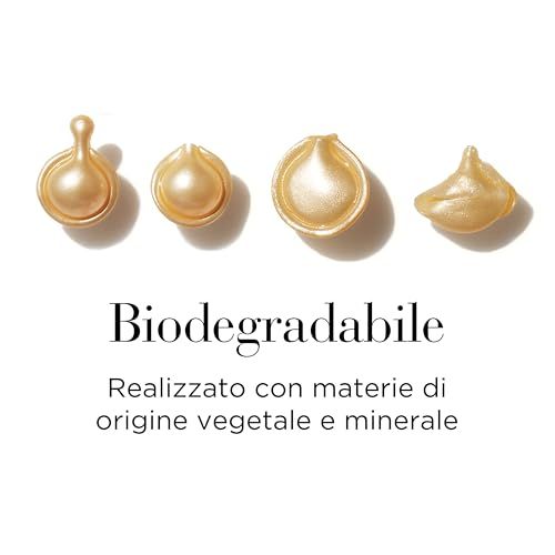 Vier goldfarbene Kapseln. Text: Biodegradable. Hergestellt aus pflanzlichen und mineralischen Materialien.