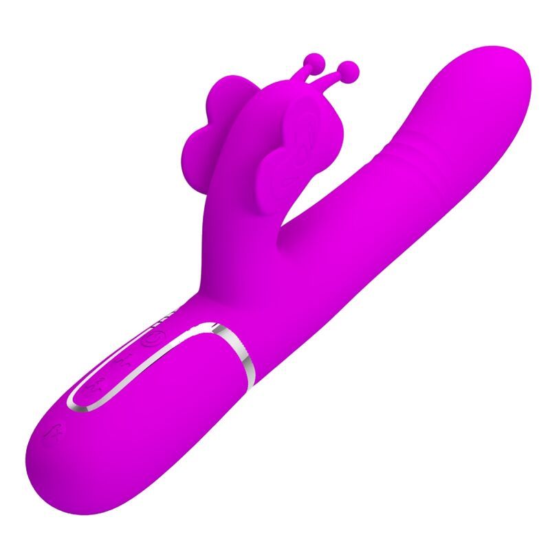 Lila Vibrator mit Hasenohren-Design. Schräge Ansicht. Glatte Oberfläche, silberne Akzente.