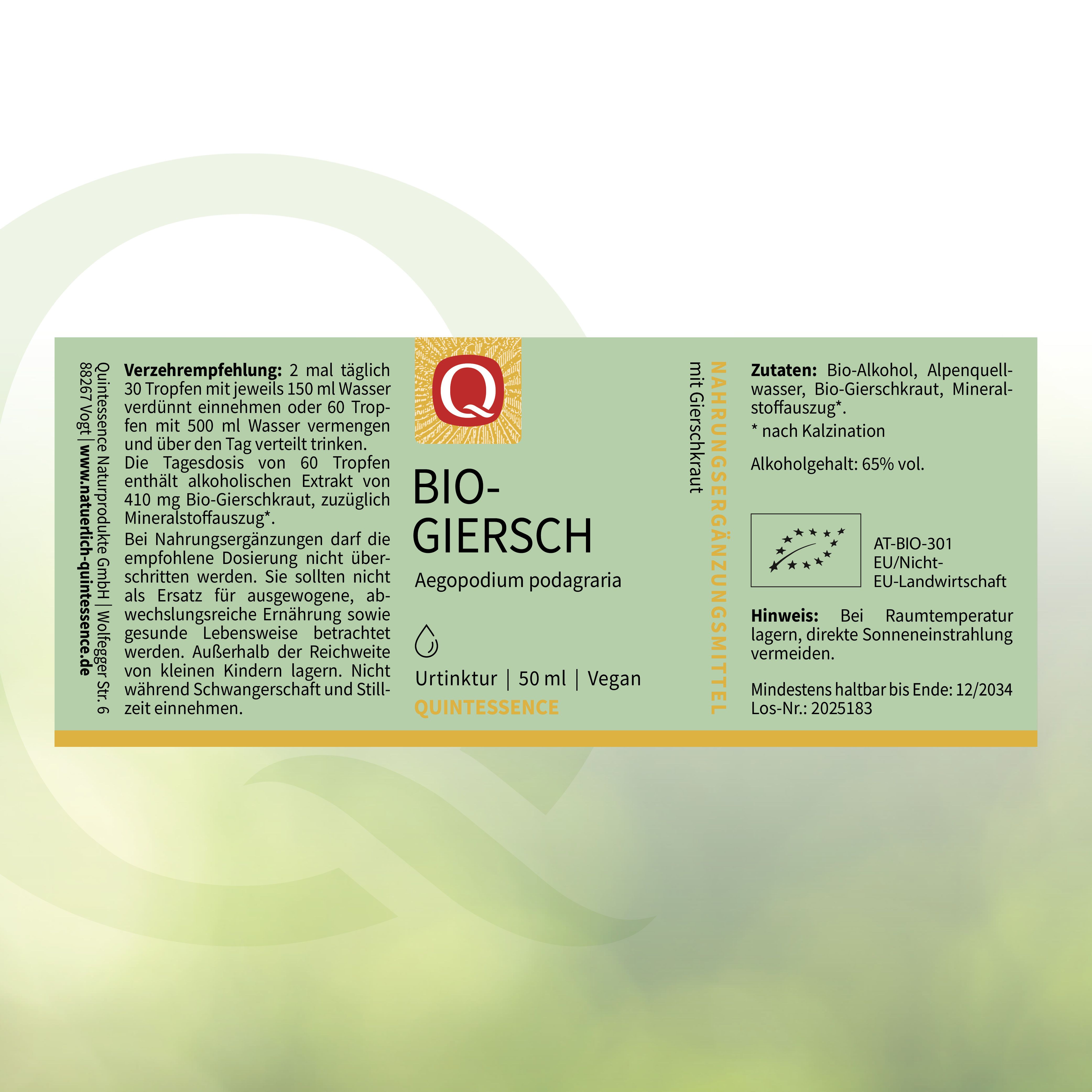 Etikett einer braunen Glasflasche mit Quintessence Bio-Giersch Tinktur. Enthält Angaben zu Inhaltsstoffen, Alkoholgehalt und Verzehrempfehlung.