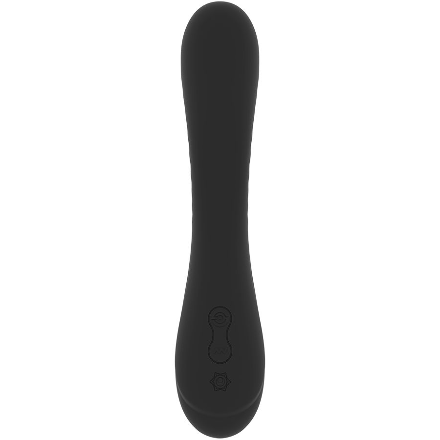 Schwarzer Vibrator mit abgerundeter Form. Knöpfe sind am unteren Ende sichtbar.