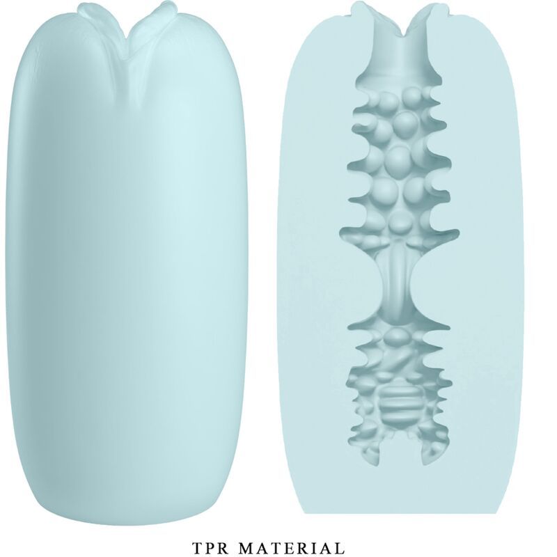 Hellblaues Masturbationsgerät. Links: Außenansicht. Rechts: Schnittansicht mit strukturiertem Innenraum. Material: TPR.