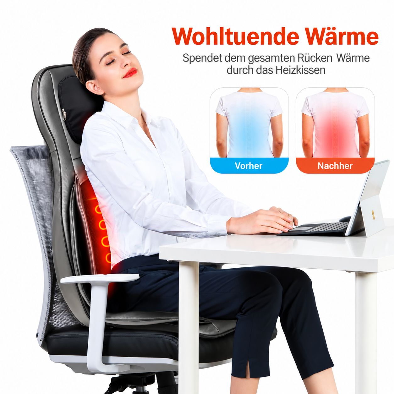 Rückenmassagekissen mit Heizfunktion für wohltuende Wärme. Vorher/Nachher-Darstellung der Wärmewirkung.