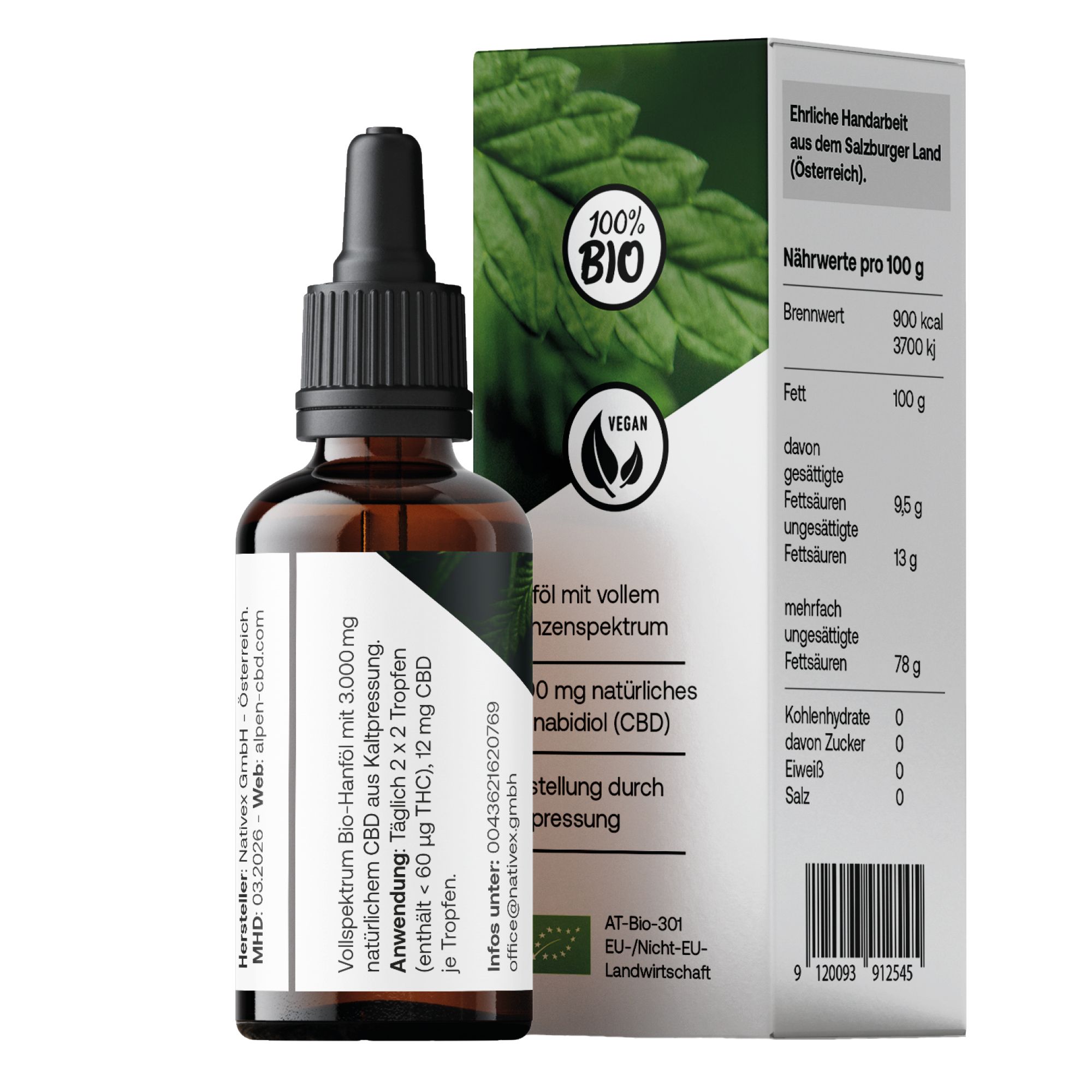 Braune Glasflasche mit Tropfer und Etikett. Daneben eine Verpackung mit Produktinformationen und Zertifizierungen.